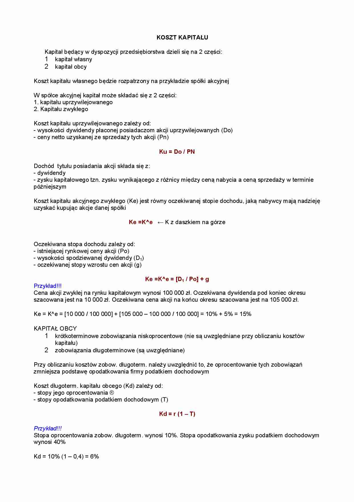 Koszt kapitału - wykład - strona 1