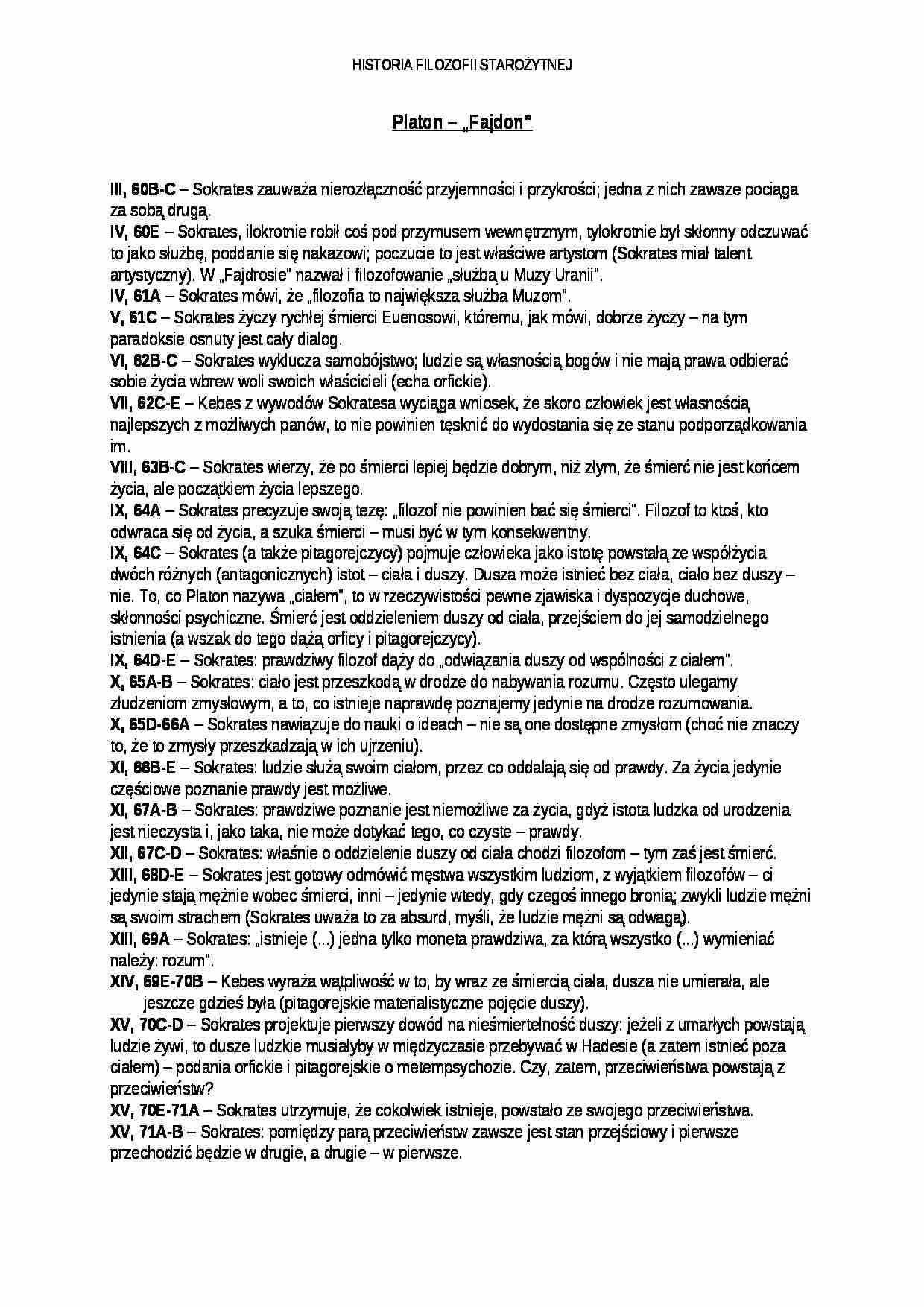 Platon - „Fajdon” - streszczenie - strona 1