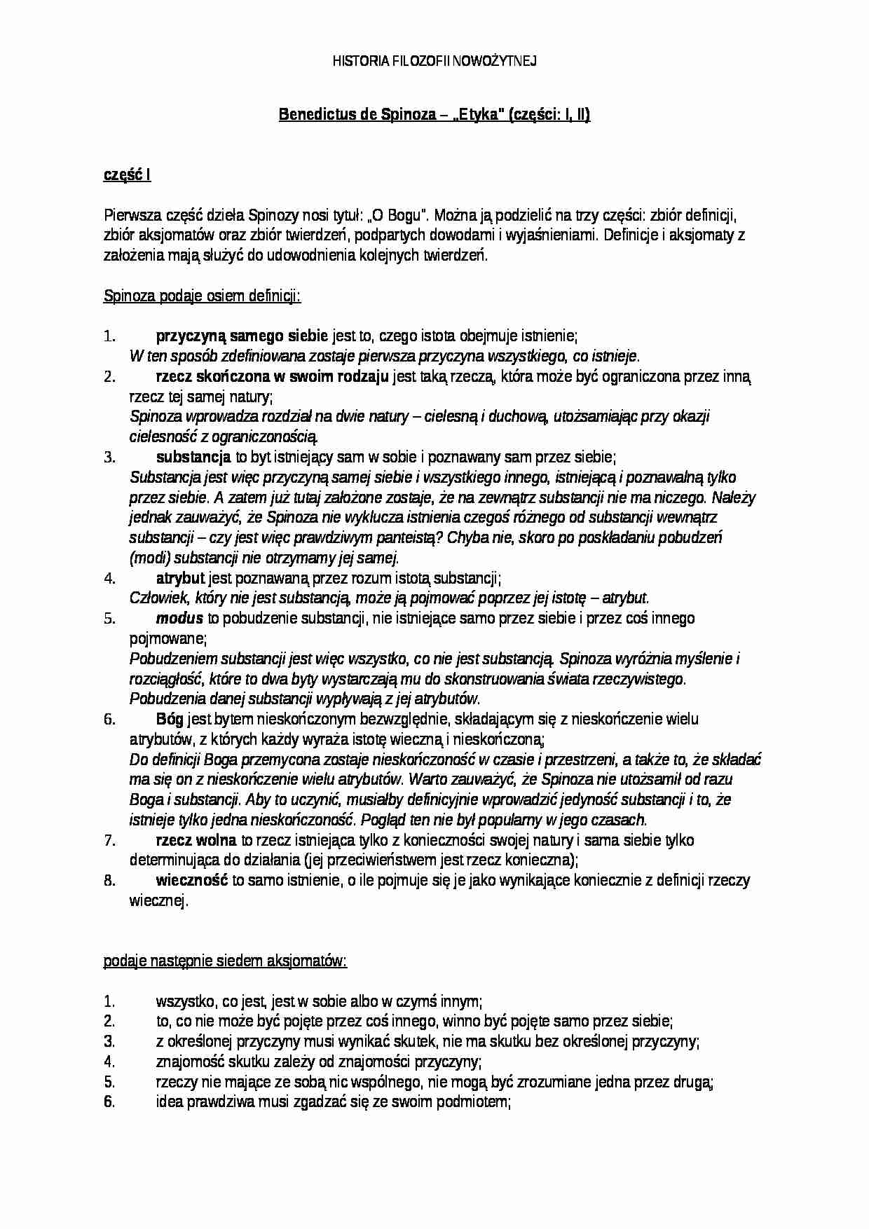 Benedictus de Spinoza - „Etyka”  - opracowanie - strona 1