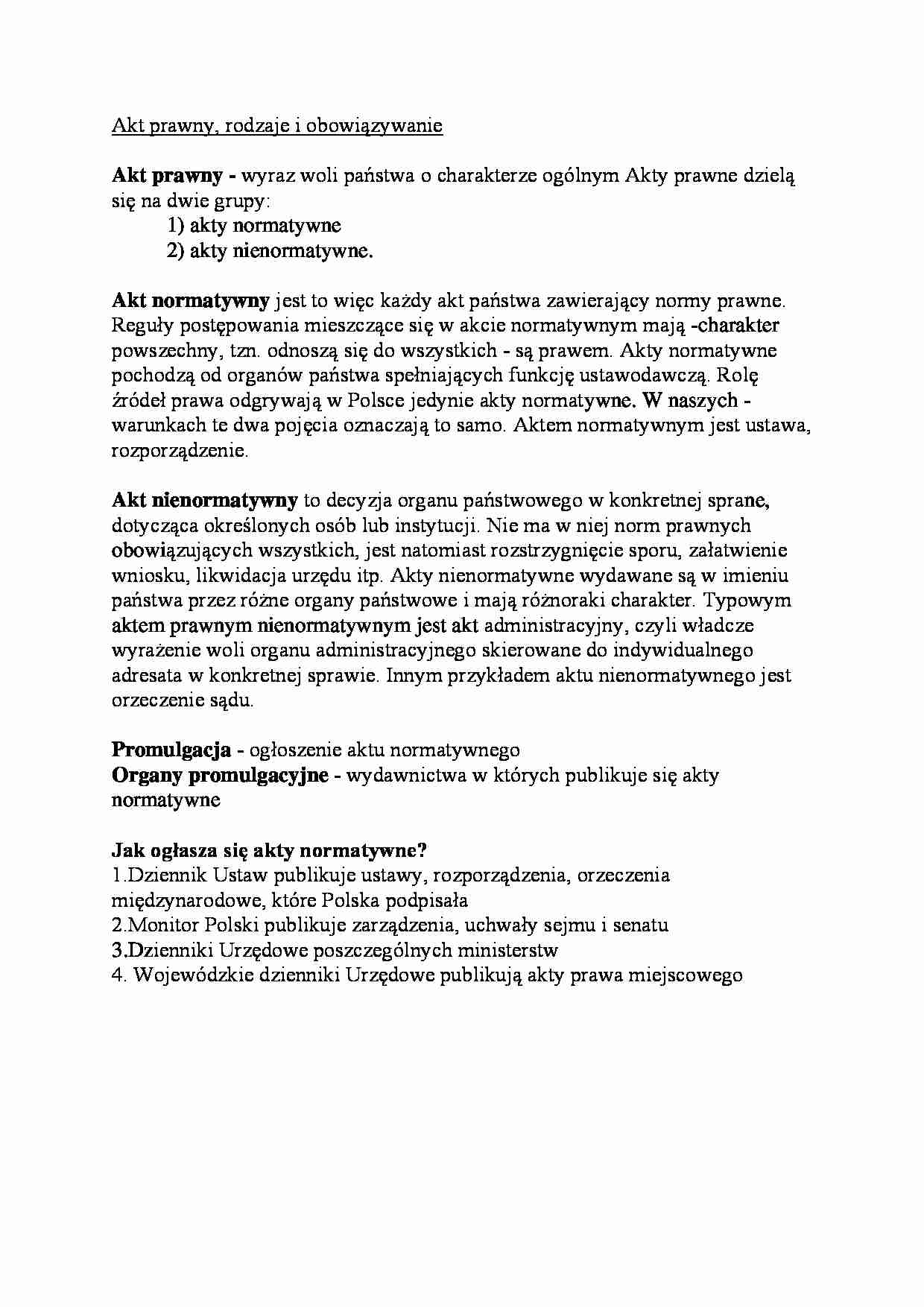 Akt prawny, rodzaje i obowiązywanie - strona 1