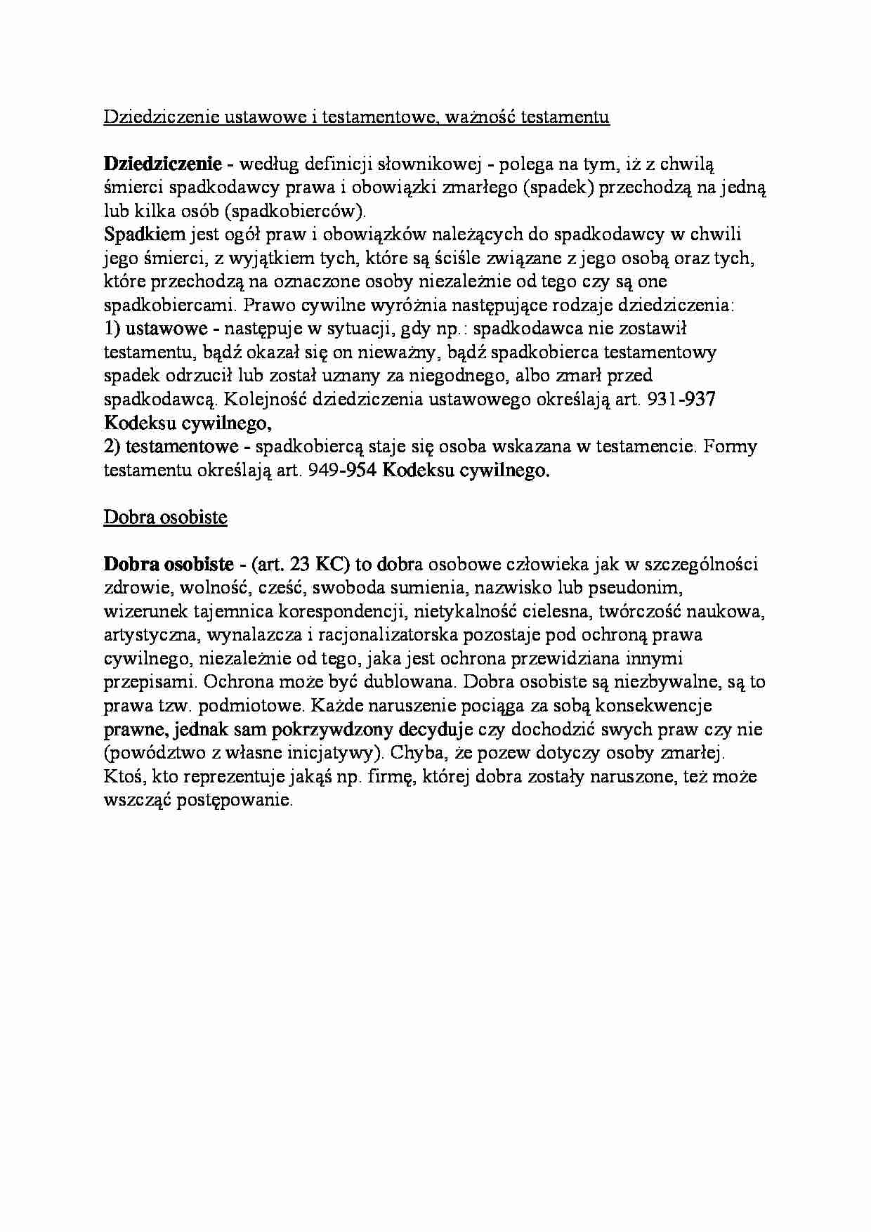 Dziedziczenie ustawowe i testamentowe, ważność testamentu - strona 1