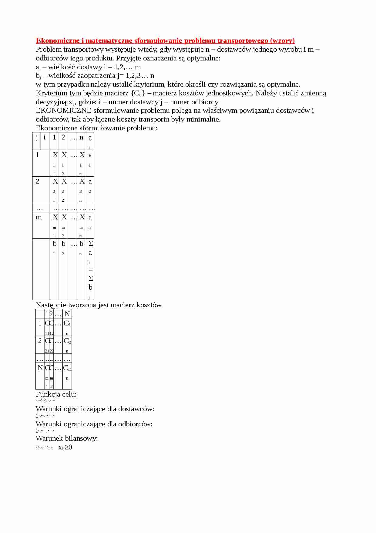 Ekonomiczne i matematyczne sformułowanie problemu transportowego (wzory) - strona 1