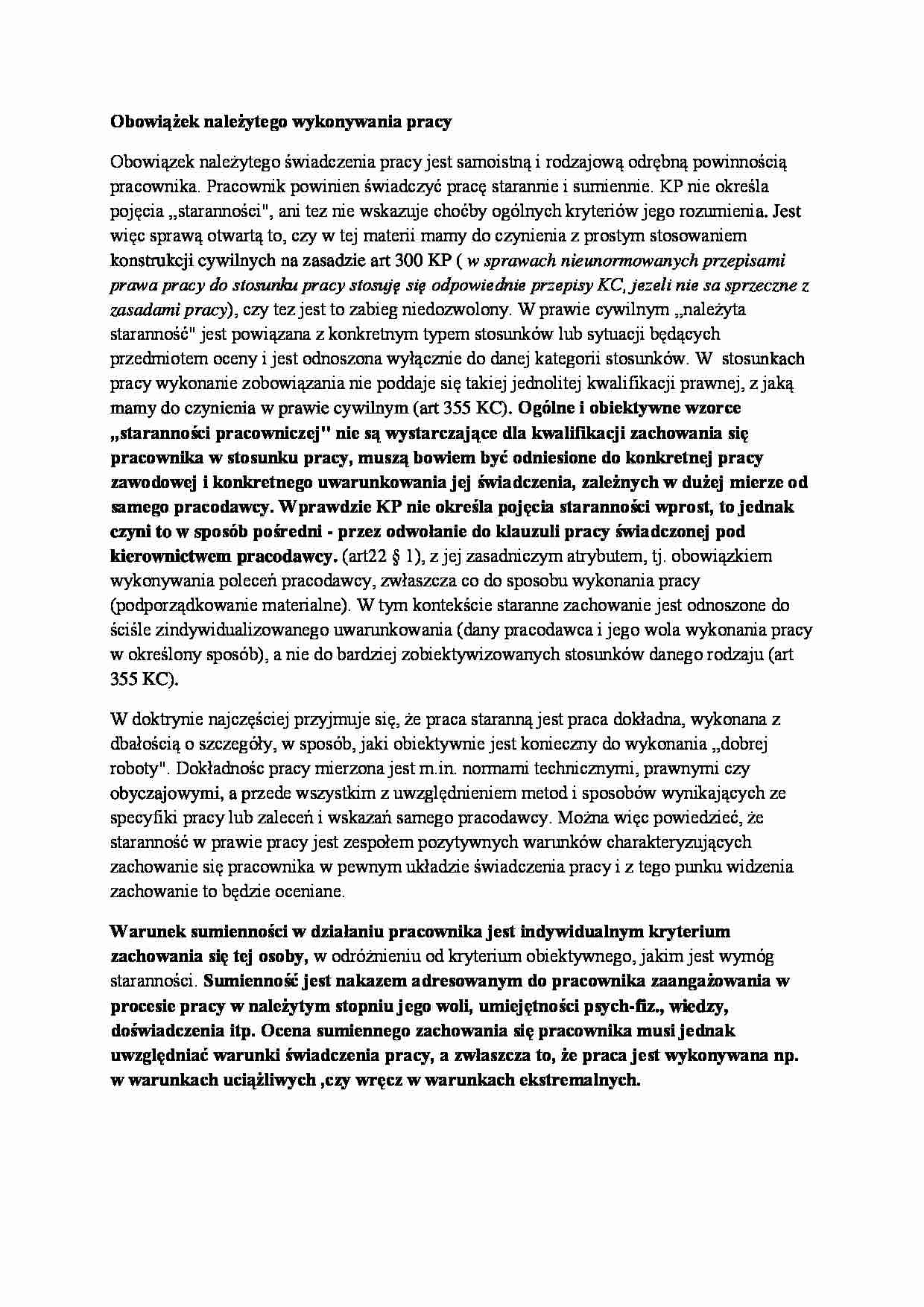 Obowiązek należytego wykonywania pracy - strona 1