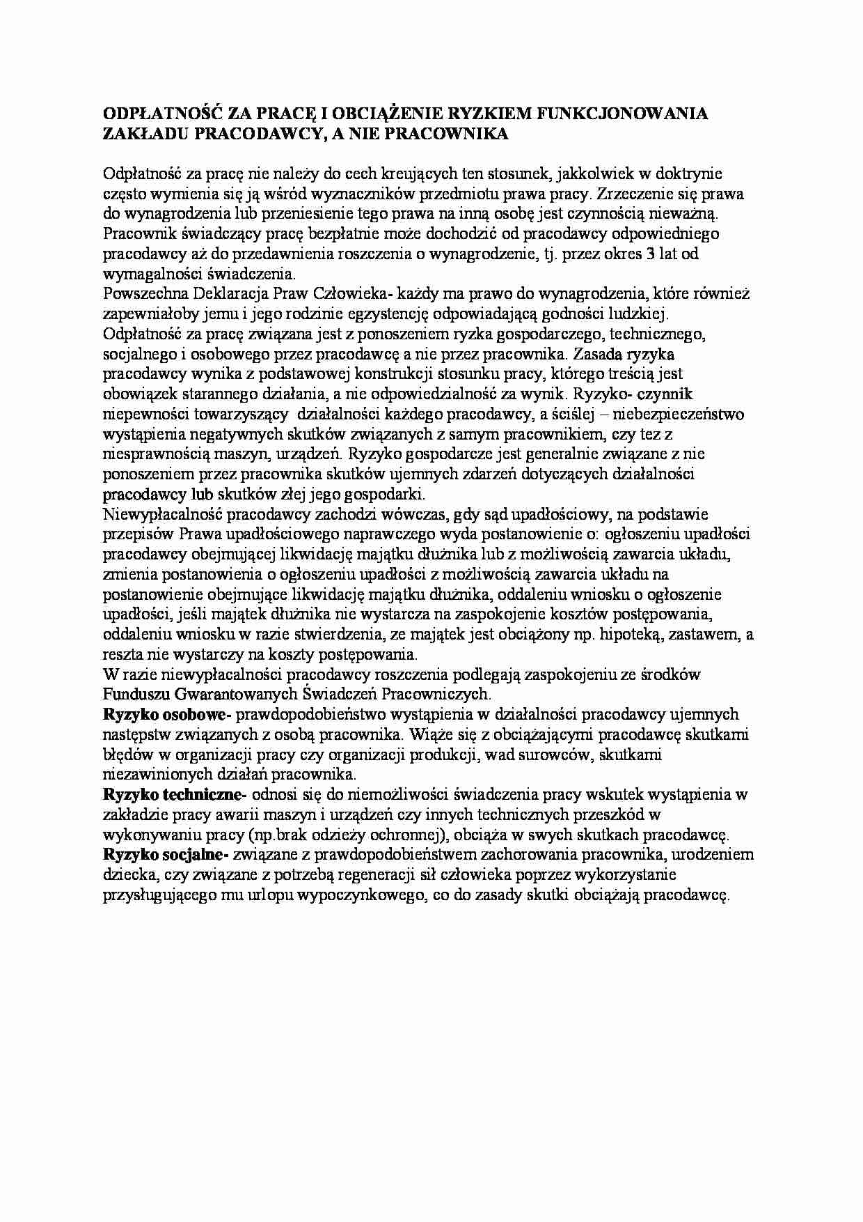 Odpłatność za pracę, ryzyko funkcjonowania zakładu - strona 1
