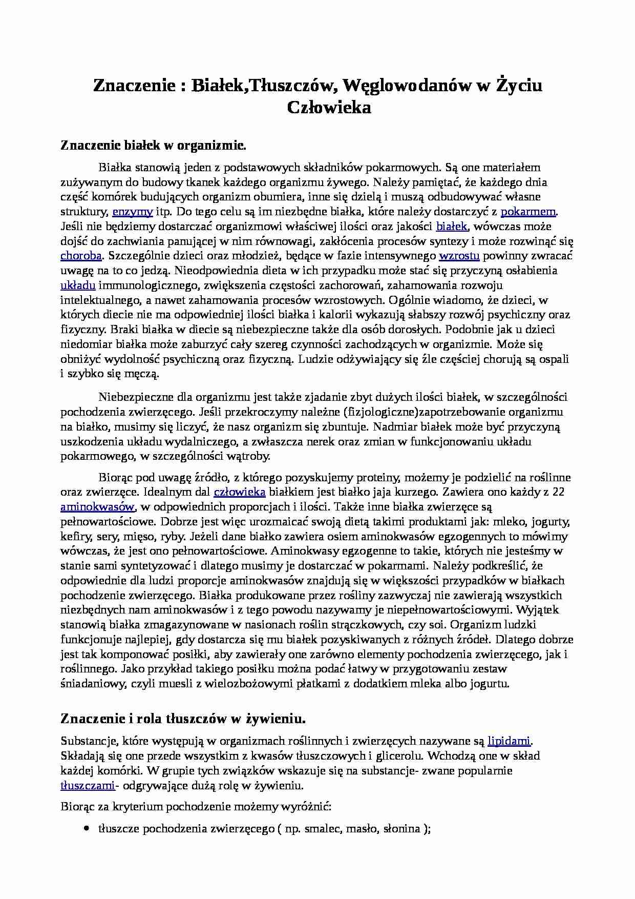 ZnaczenieBiałek,Tłuszczów, Węglowodanów w Życiu Człowieka - strona 1