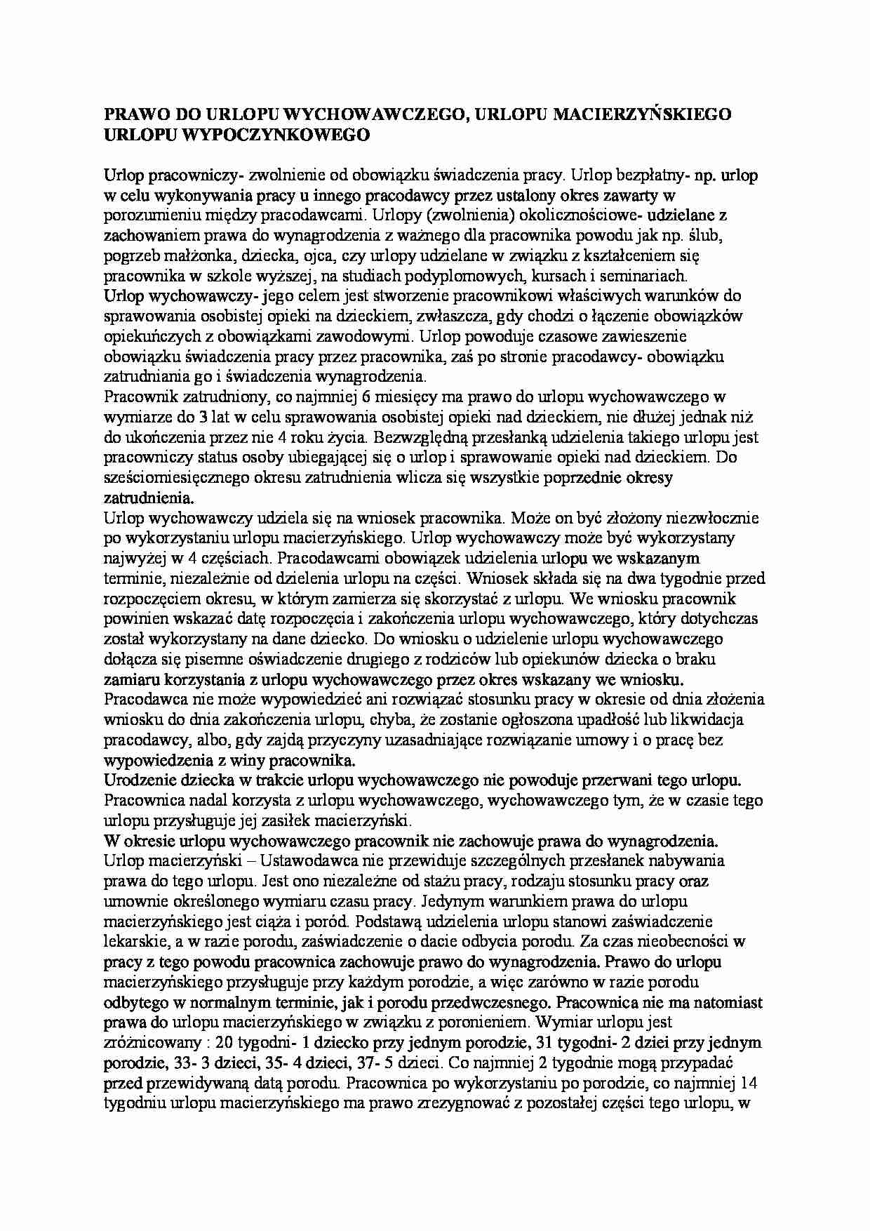 Prawo do urlopu-macierzyńskiego, wypoczynkowego, wychowawczego - strona 1