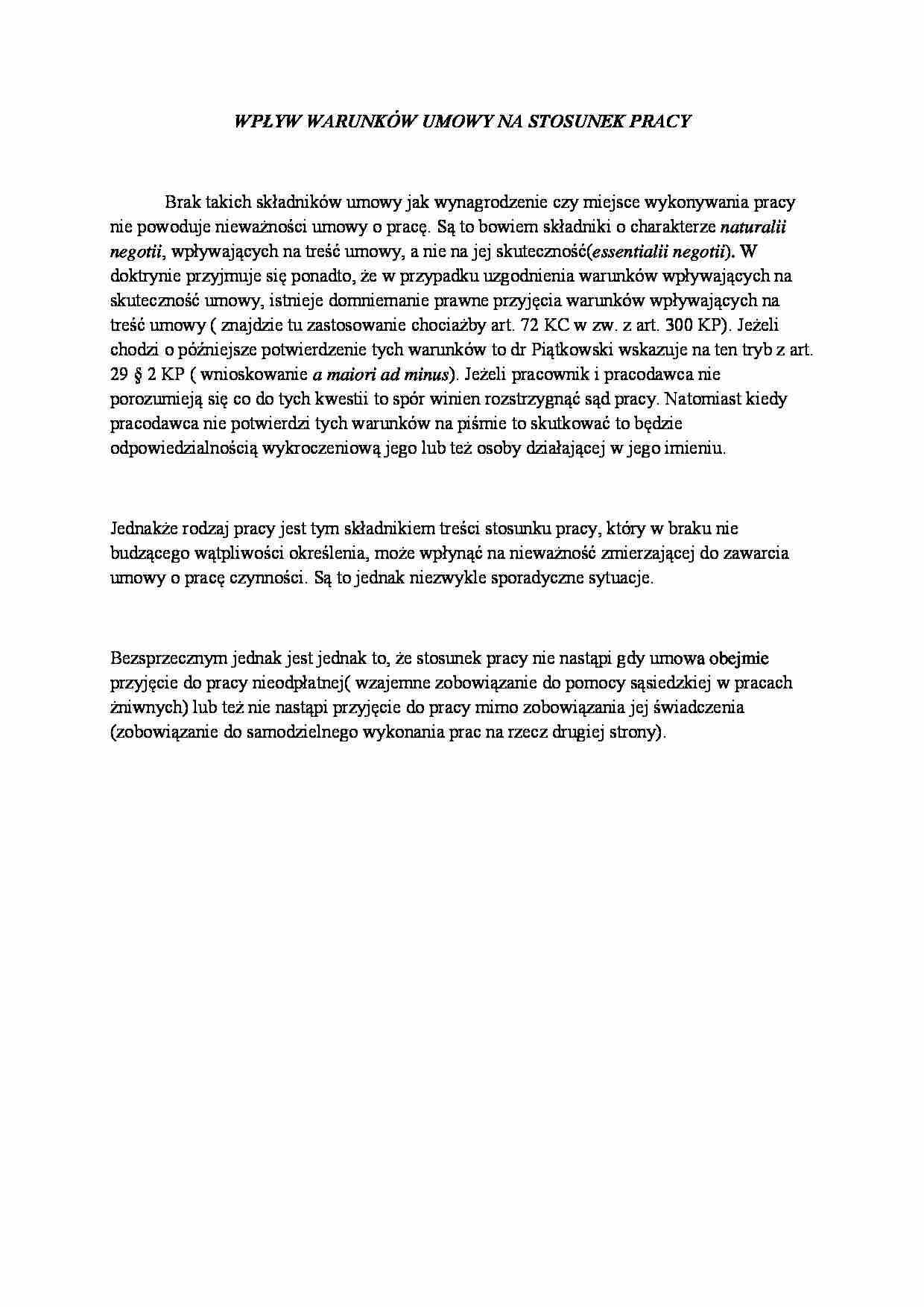 Wpływ warunków umowy na stosunek pracy - strona 1