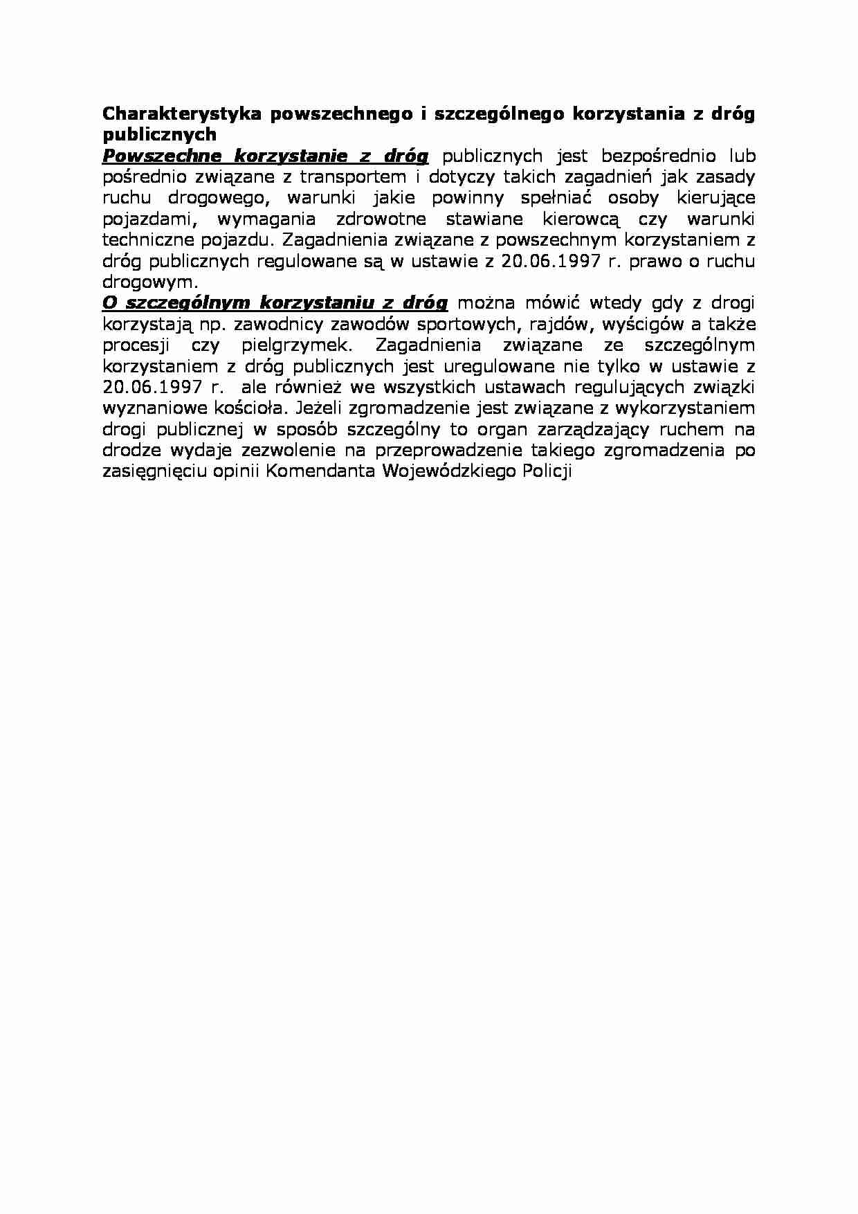 Charakterystyka powszechnego i szczególnego korzystania z dróg publicznych - strona 1