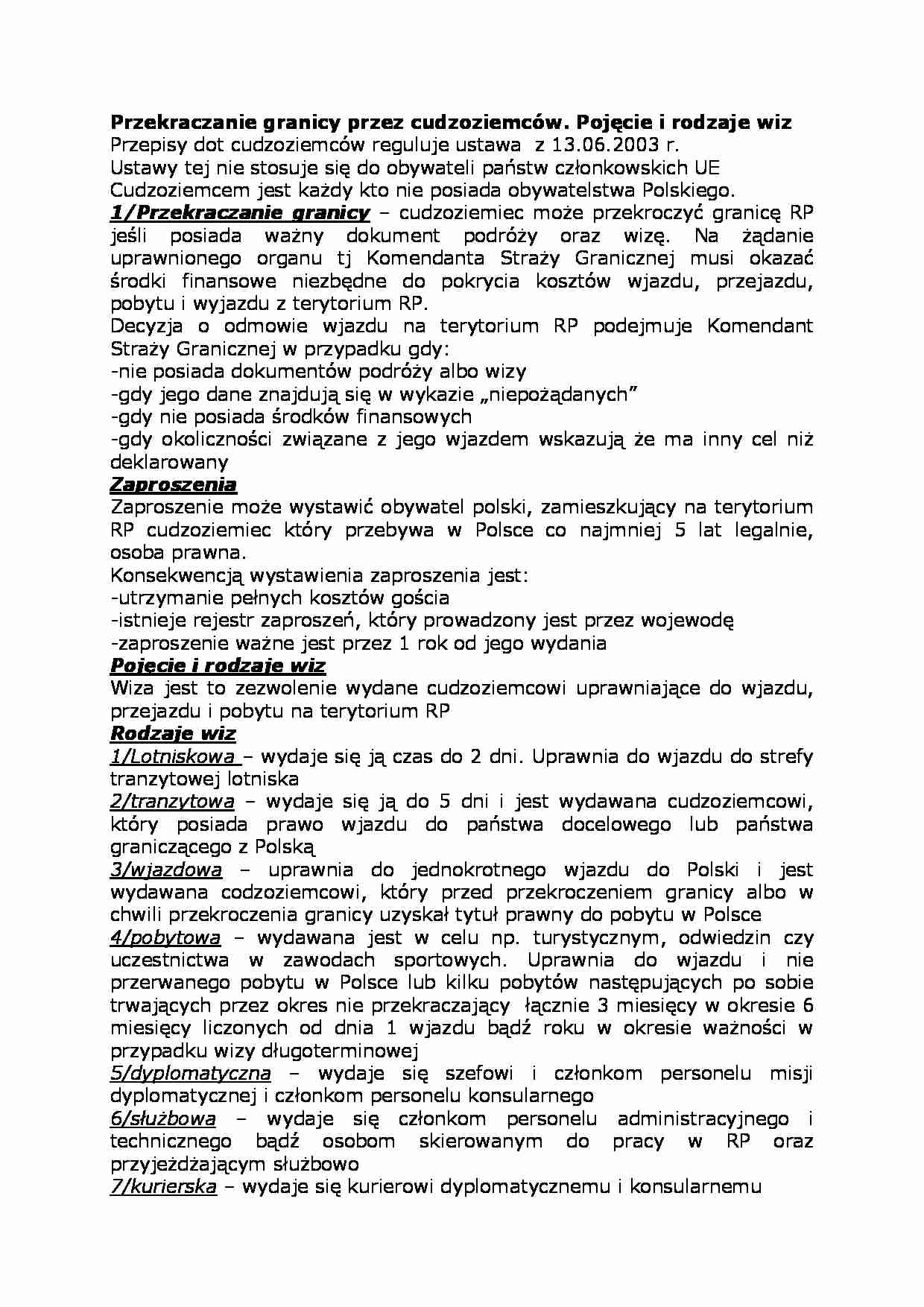 Przekraczanie granicy przez cudzoziemców, pojęcie i rodzaje wiz - strona 1