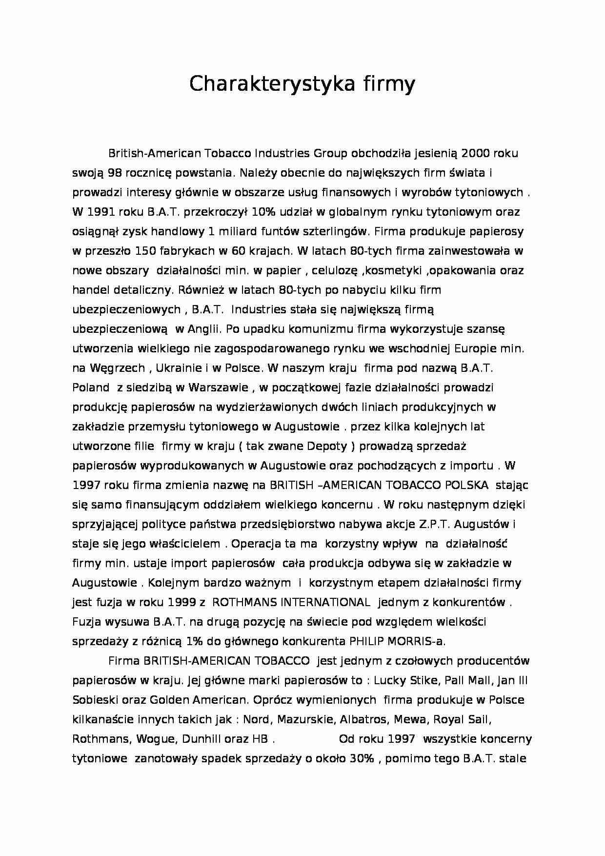 Analiza strategiczna firmy British Amercan Tobbaco - strona 1