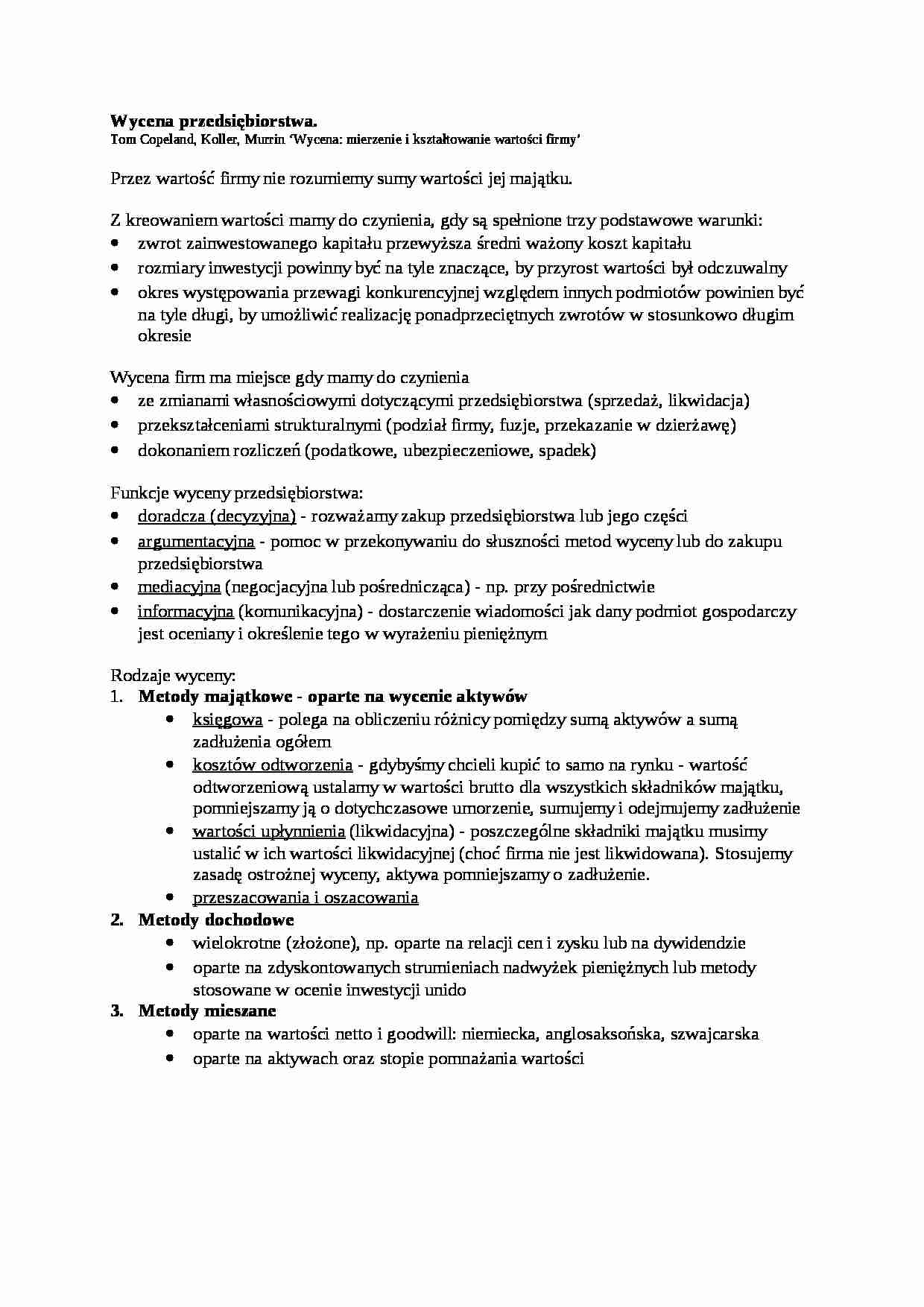 Wycena przedsiębiorstwa - sprawozdanie - strona 1