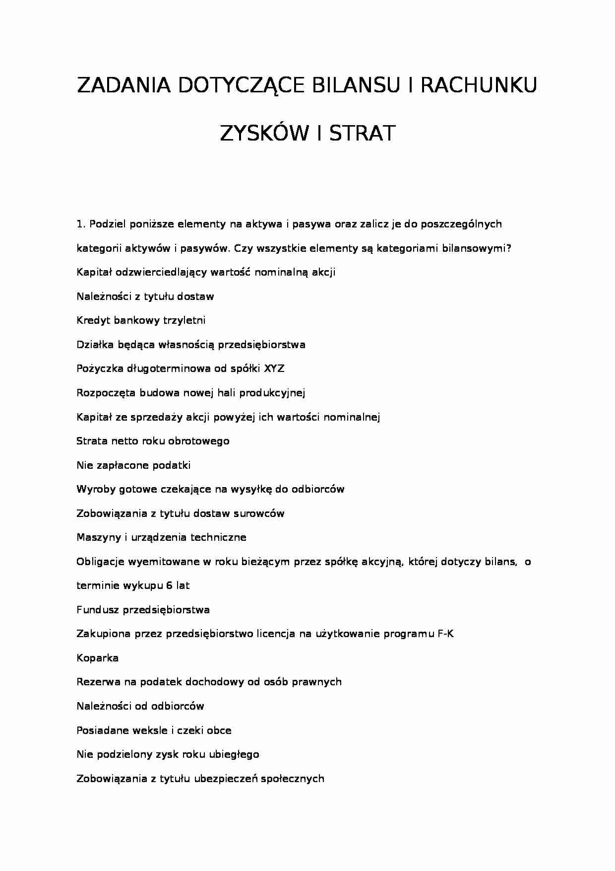 Zadania dotyczące bilansu i rachunku zysków i strat - strona 1