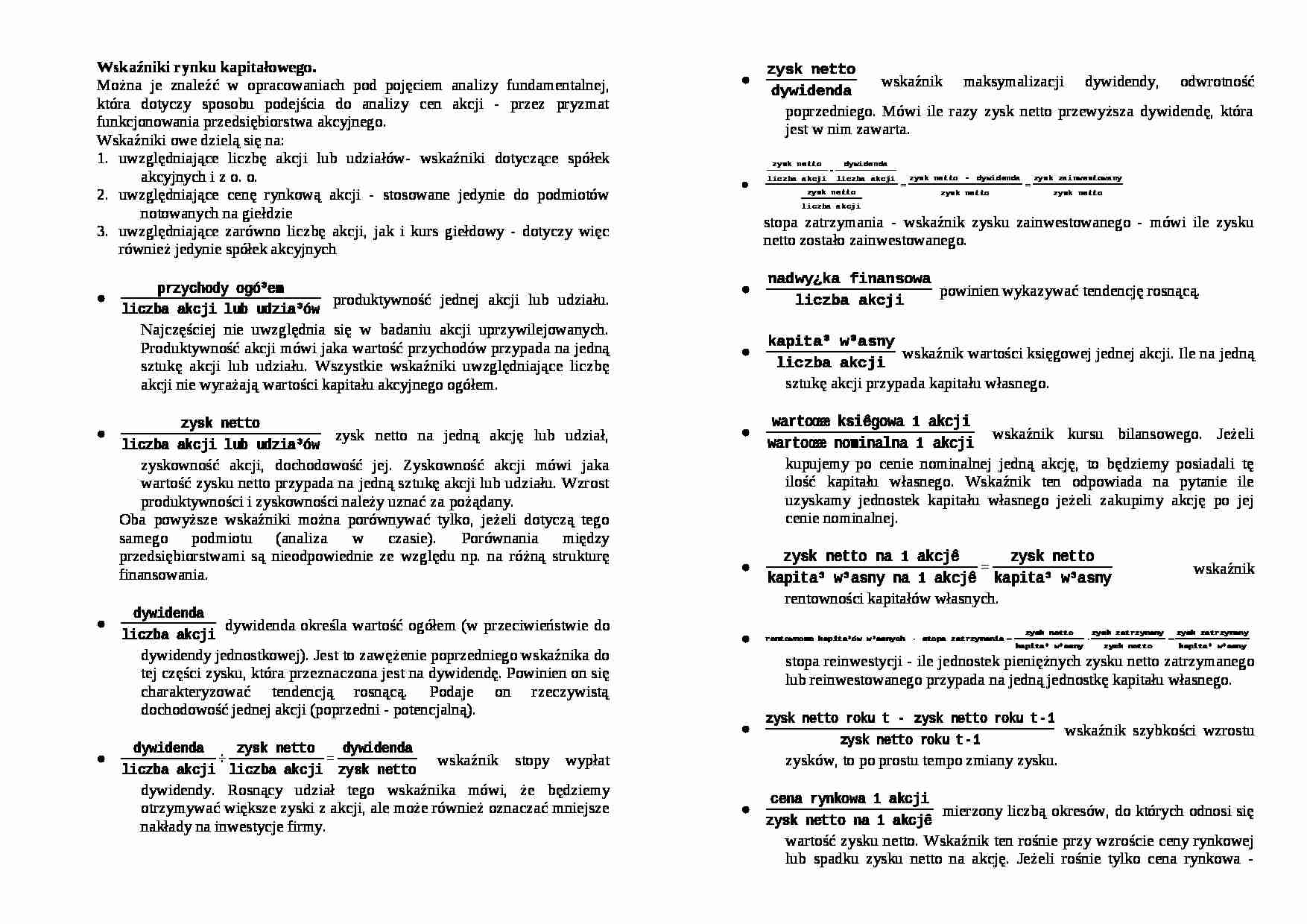 Analiza rynku kapitałowego - wzory z omówieniem - strona 1
