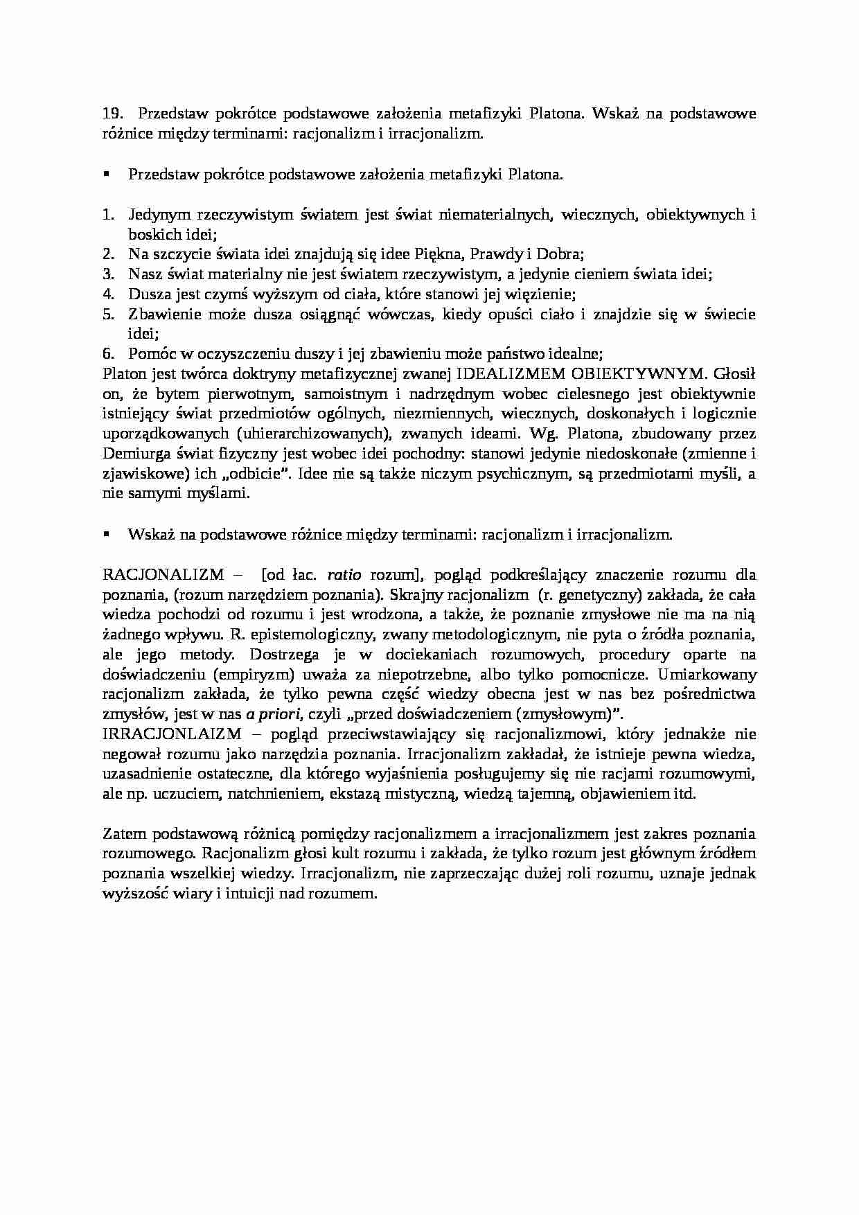 Podstawowe założenia metafizyki Platona - strona 1