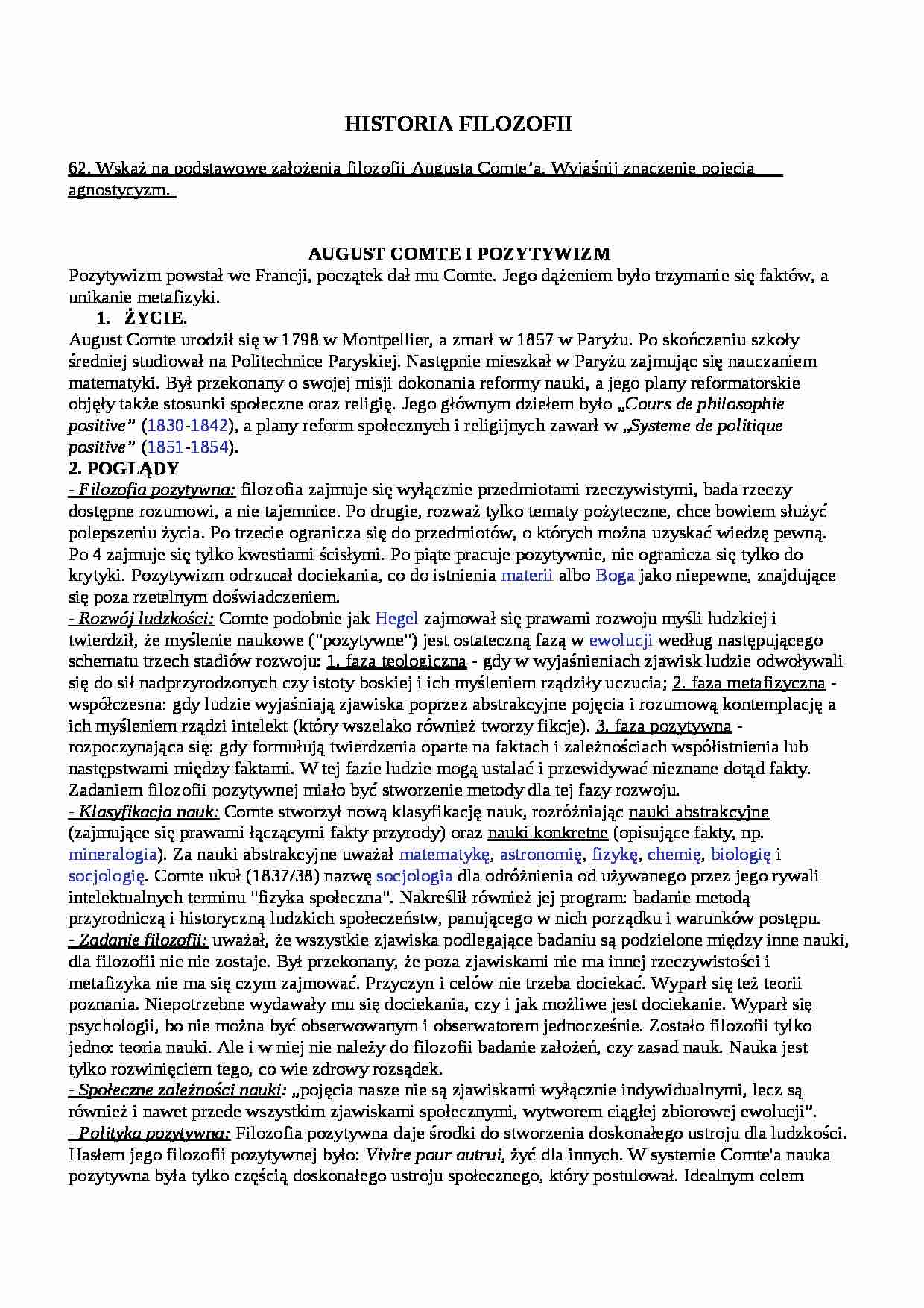 Założenia filozofii Augusta Comte'a, agnostycyzm - strona 1