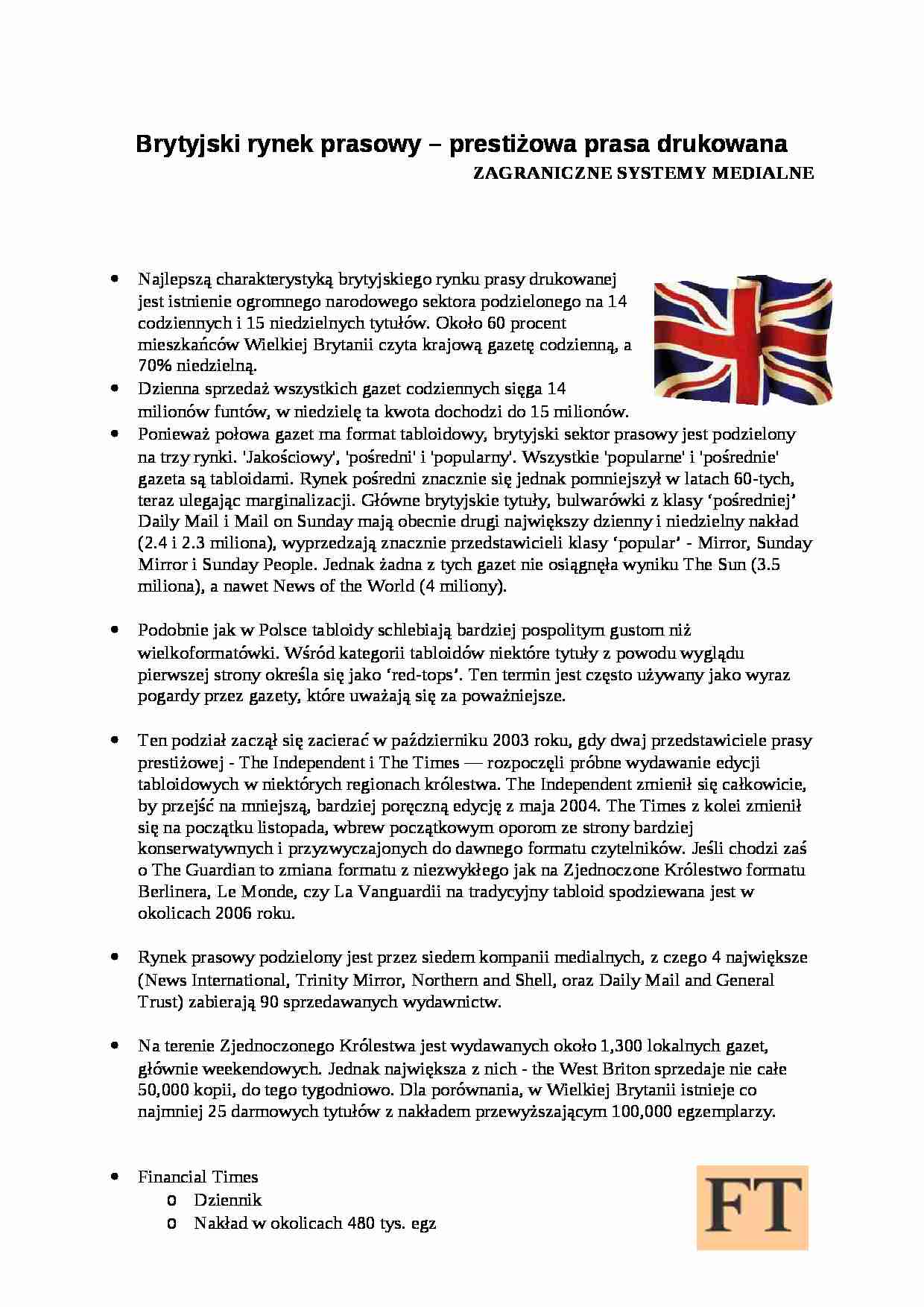 Brytyjski rynek prasowy - prestiżowa prasa drukowana - strona 1