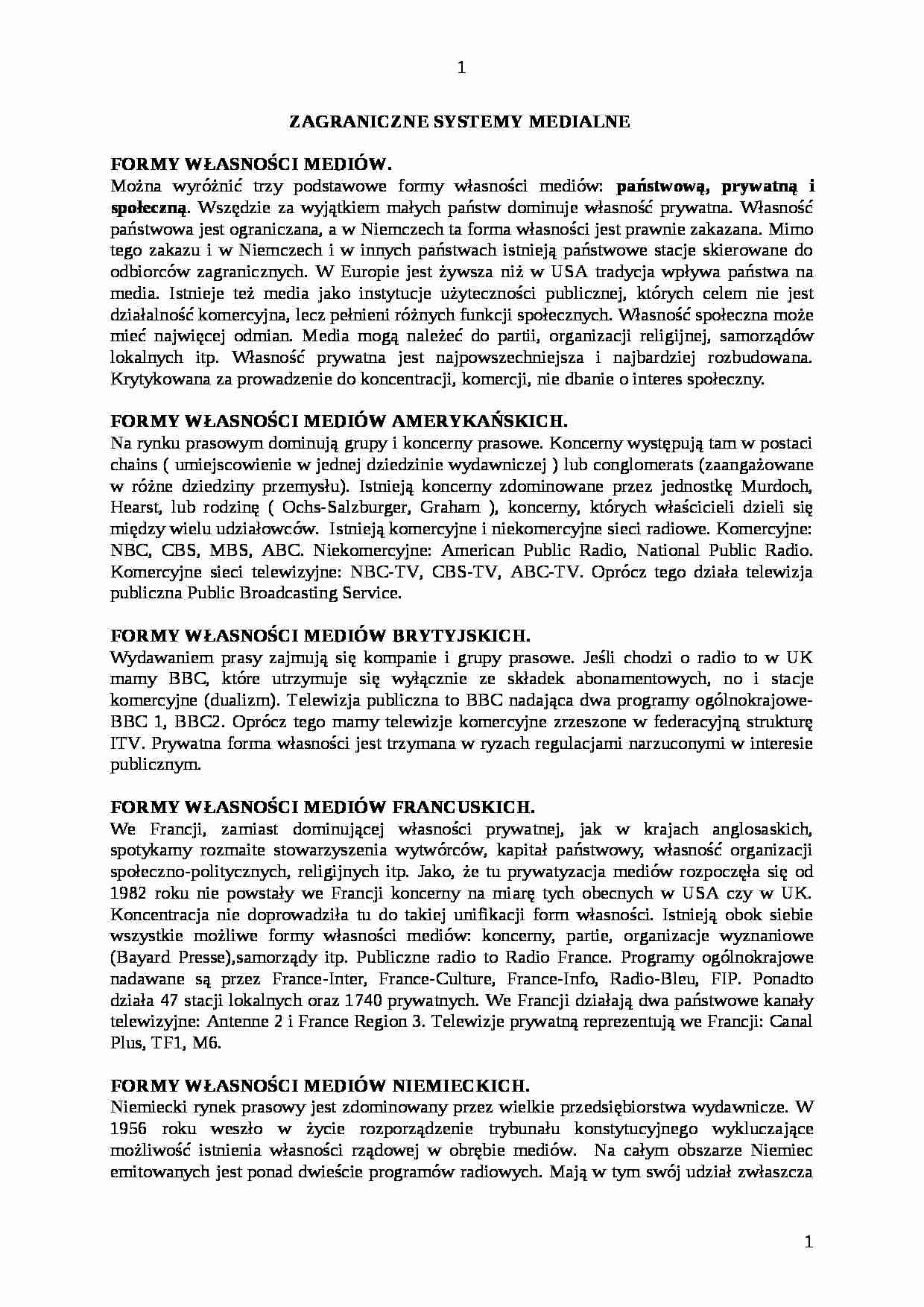 Zagraniczne systemy medialne - opracowanie - strona 1