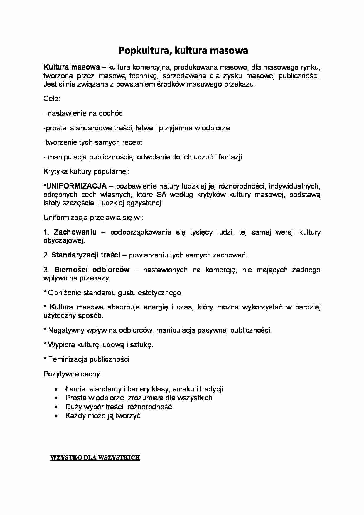 Popkultura, czyli kultura masowa - opracowanie - strona 1