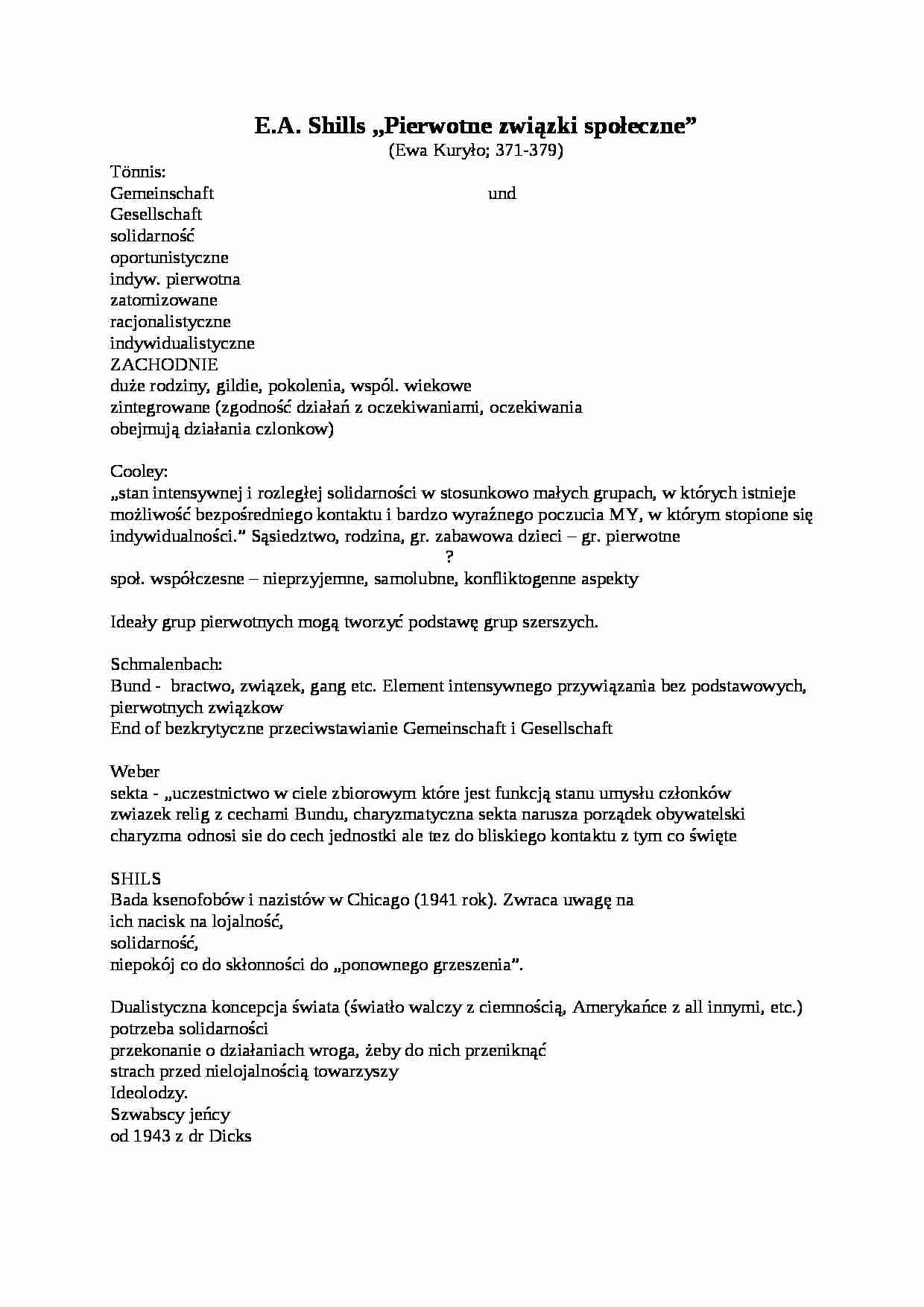 Opracowania, E.A. Shills -Pierwotne związki społeczne - strona 1