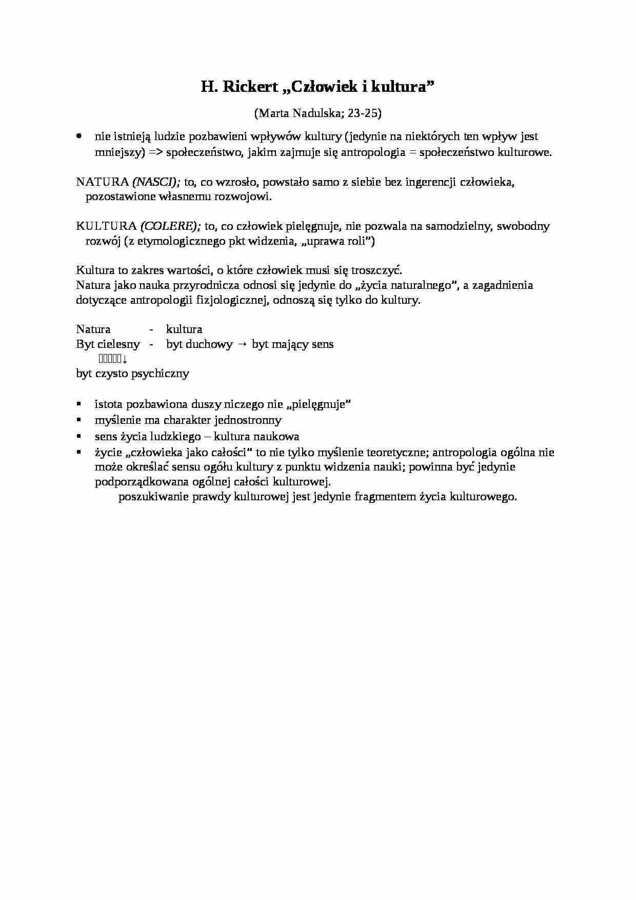 Opracowania, H. Rickert-Człowiek i kultura - strona 1