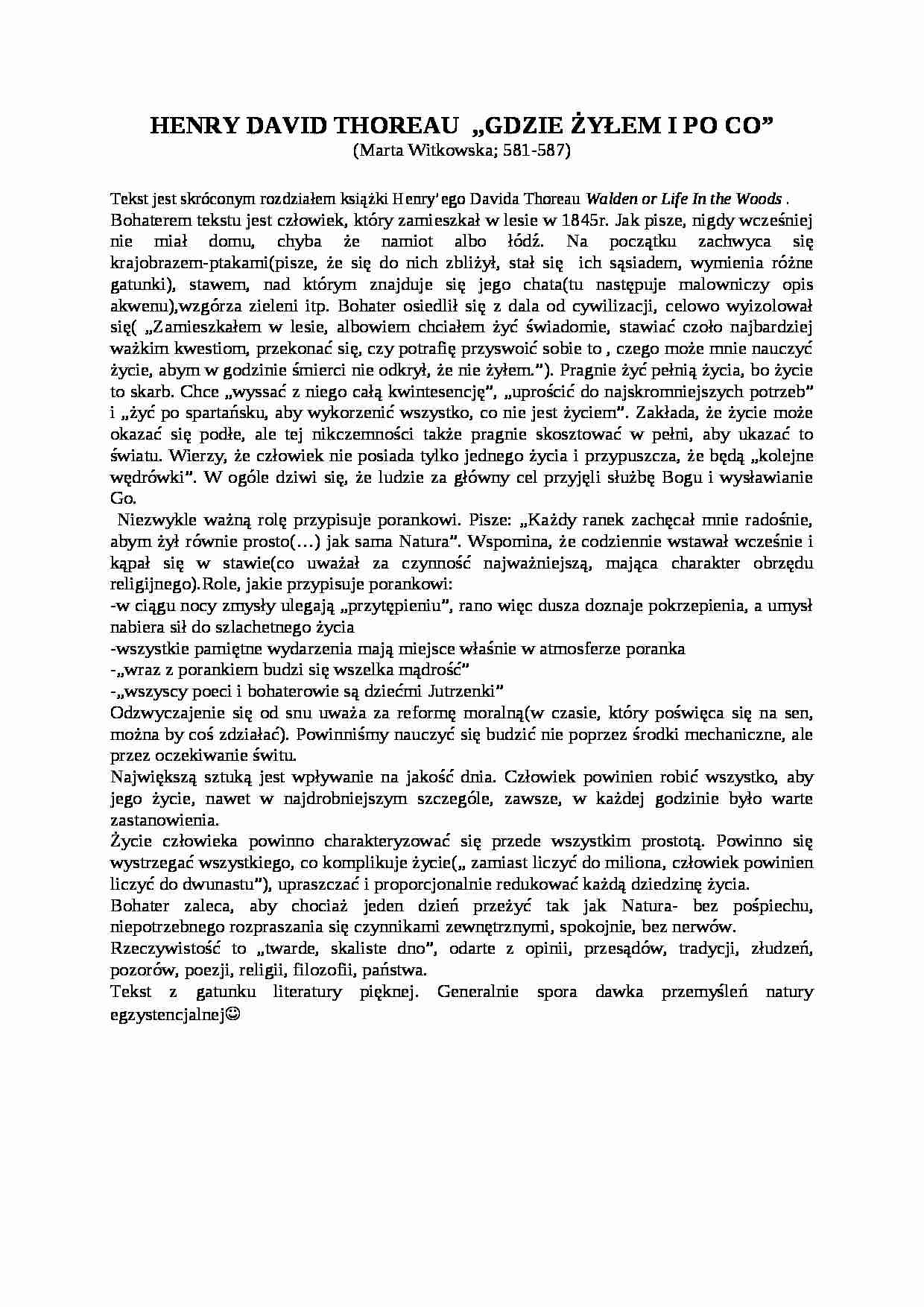 Opracowania, Henry David Thoreau- Gdzie żyłem i po co - strona 1