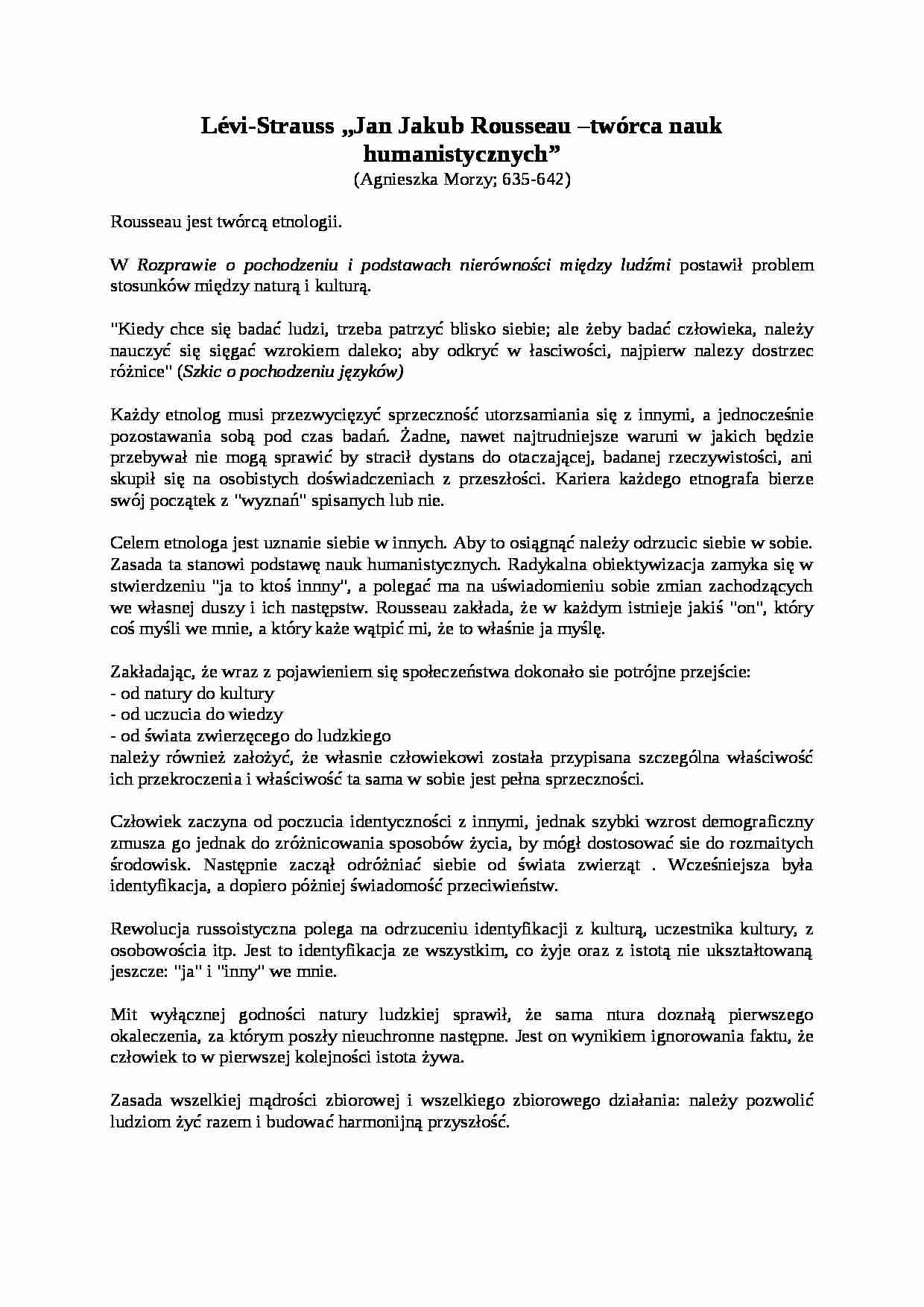 Opracowania, Lévi-Strauss-Jan Jakub Rousseau -twórca nauk humanistycznych_ - strona 1