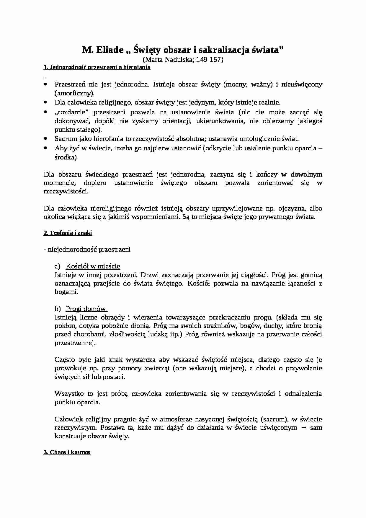Opracowania, M. Eliade- Święty obszar i sakralizacja świata - strona 1