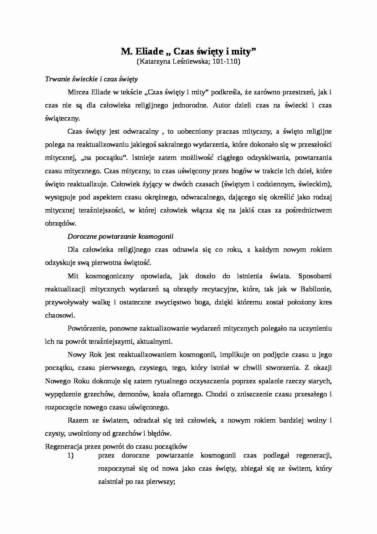 Opracowania, M. Eliade Czas święty i mity - strona 1