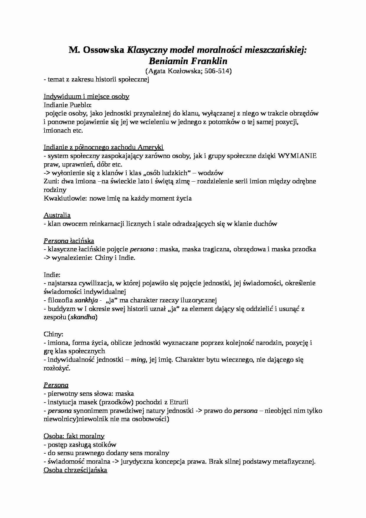 Opracowania, M. Ossowska Klasyczny model moralności mieszczańskiej Beniamin Franklin - strona 1