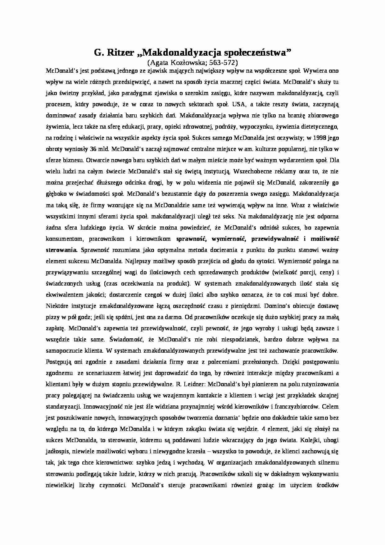  Makdonaldyzacja społeczeństwa-opracowania, Ritzer - strona 1