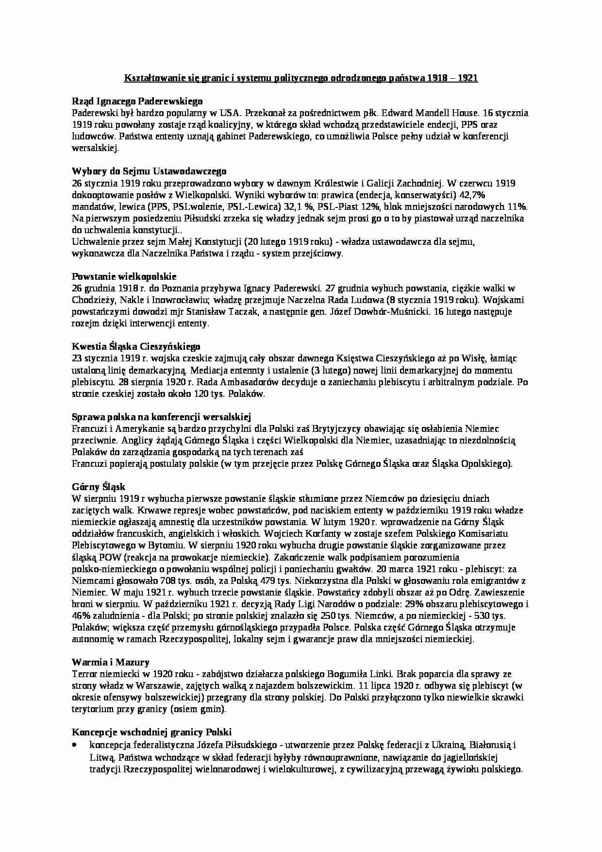 Kształtowanie się granic i systemu politycznego odrodzonego państwa 1918-1921 - strona 1