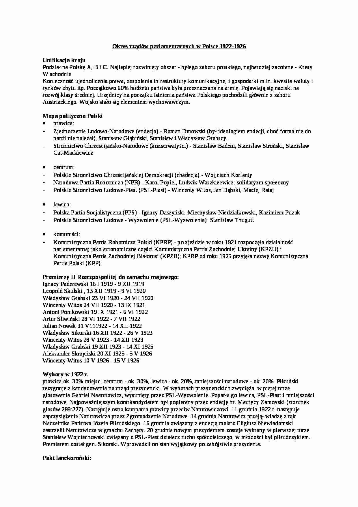 Okres rządów parlamentarnych w Polsce 1922-1926 - strona 1