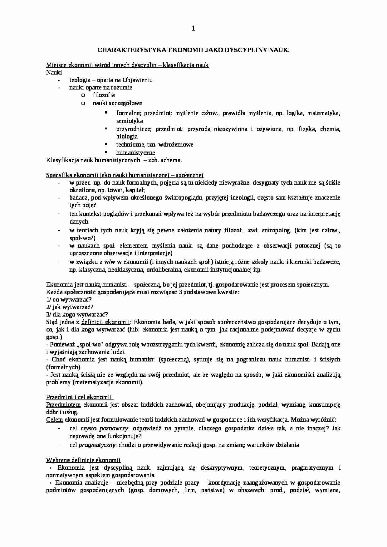 Charakterystyka ekonomii jako dyscypliny nauk - strona 1