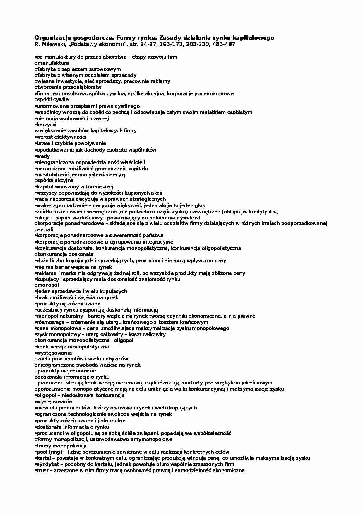 Organizacje gospodarcze, formy rynku, zasady działania rynku kapitałowego - strona 1