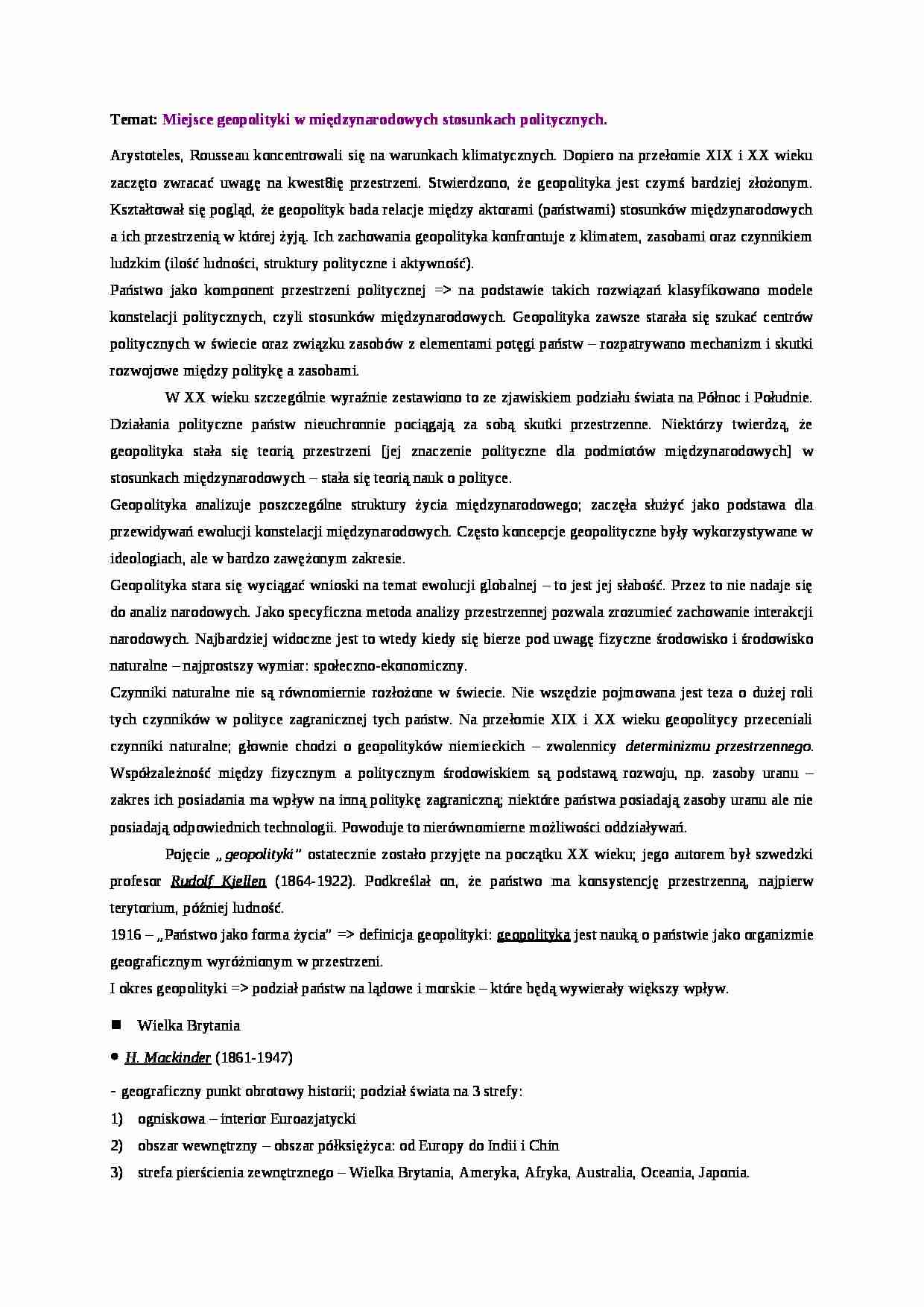 Miejsce geopolityki w międzynarodowych stosunkach politycznych - strona 1