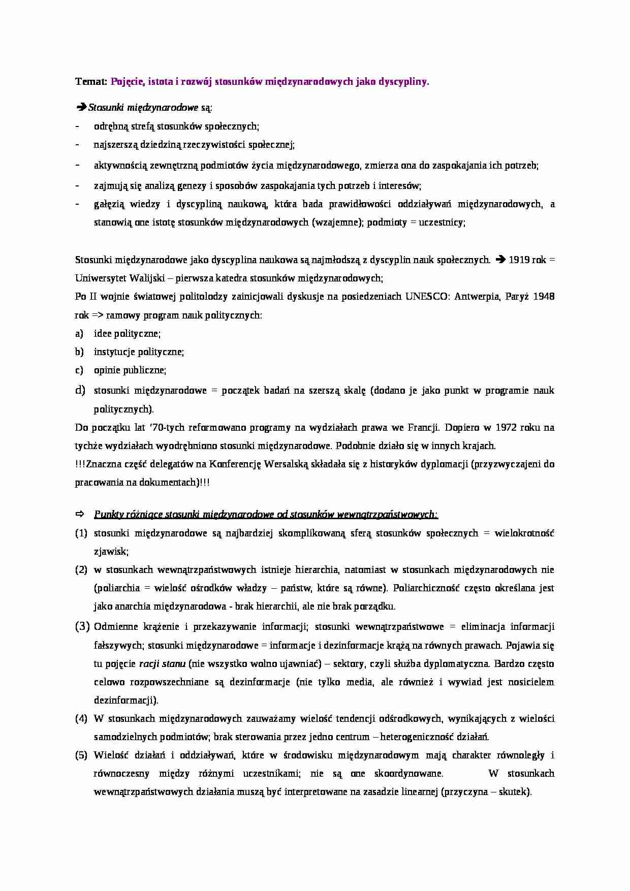 Pojęcie, istota i rozwój stosunków międzynarodowych jako dyscypliny - strona 1