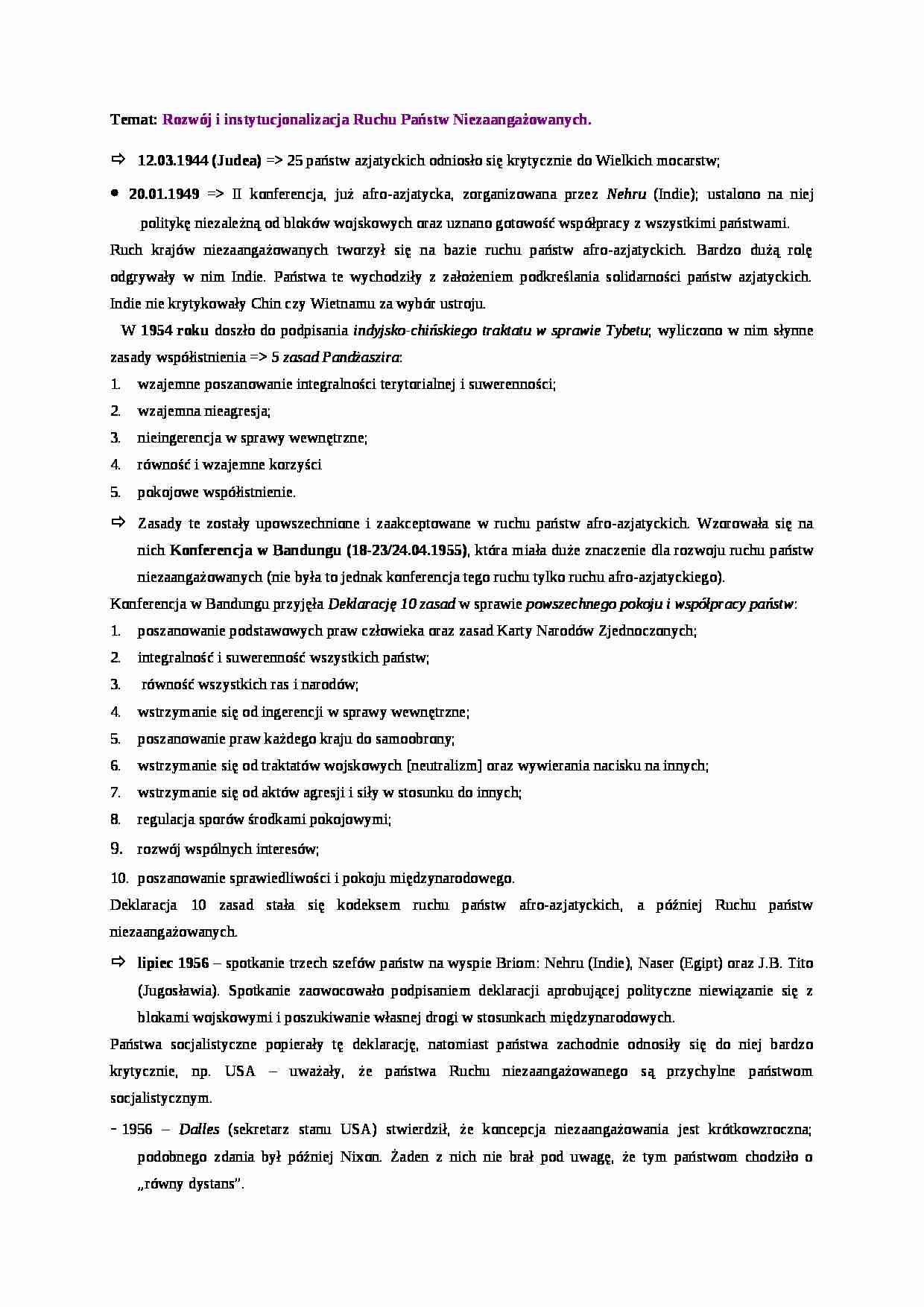 Rozwój i instytucjonalizacja Ruchu Państw Niezaangażowanych - strona 1