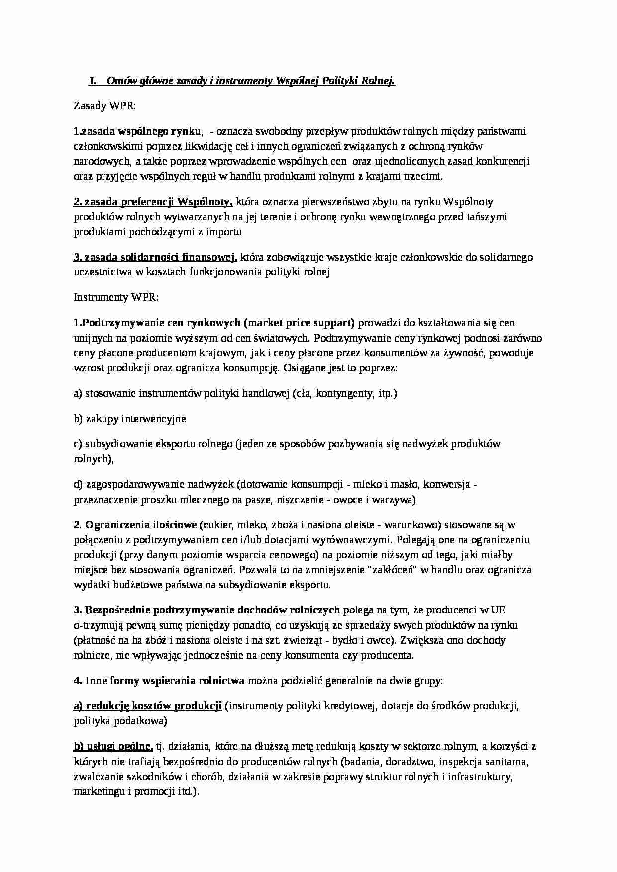  Główne zasady i instrumenty Wspólnej Polityki Rolnej - strona 1