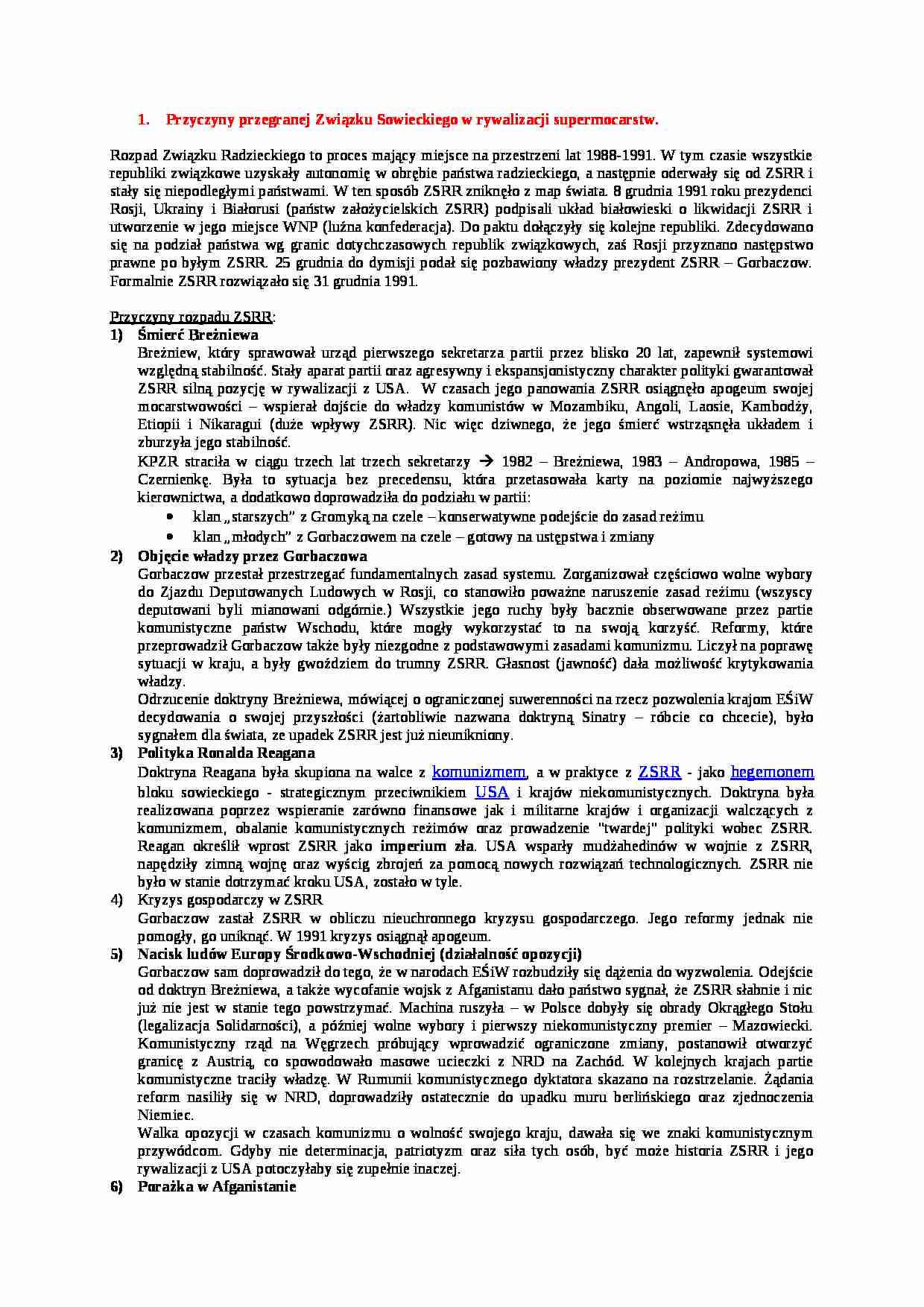   Przyczyny przegranej Związku Sowieckiego w rywalizacji supermocarstw - strona 1