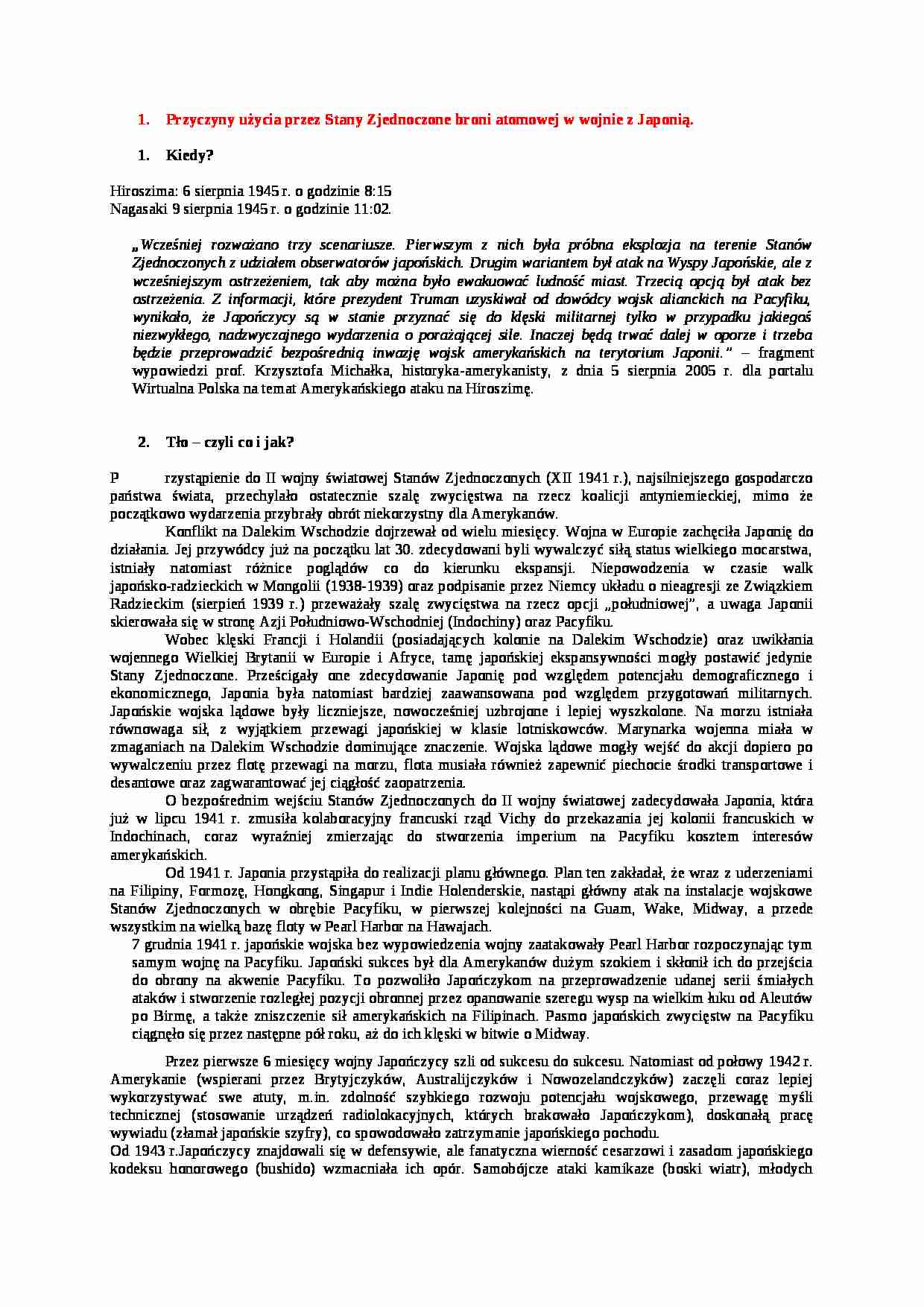   Przyczyny użycia przez Stany Zjednoczone broni atomowej w wojnie z Japonią - strona 1