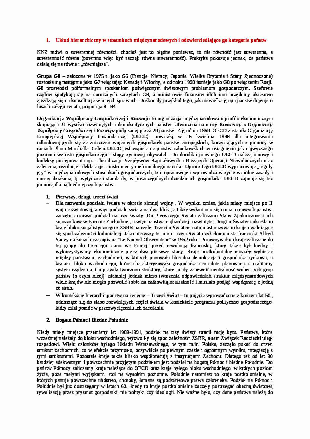  Układ hierarchiczny w stosunkach międzynarodowych i odzwierciedlającego kategorie państw - strona 1