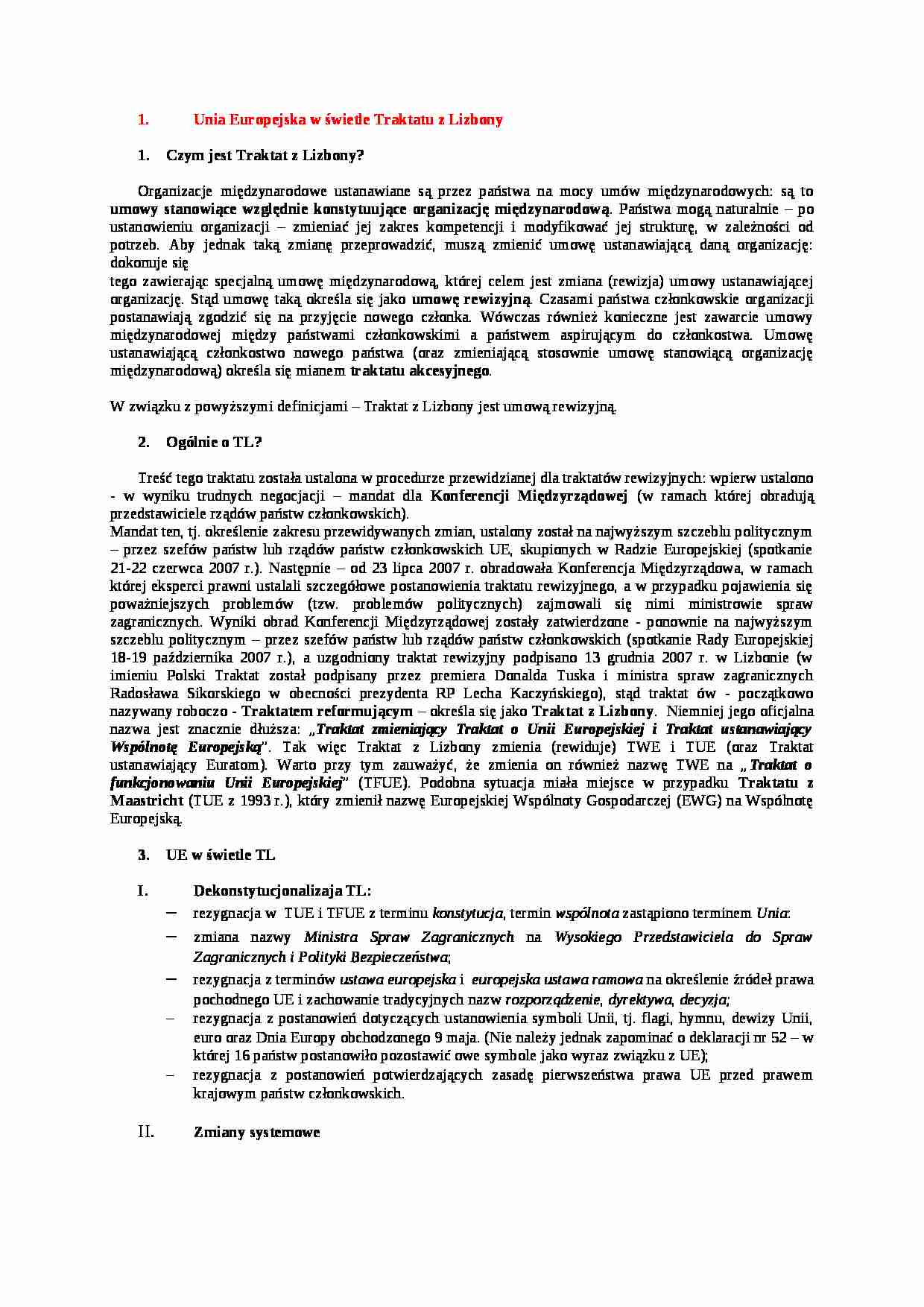  Unia Europejska w świetle Traktatu z Lizbony - strona 1