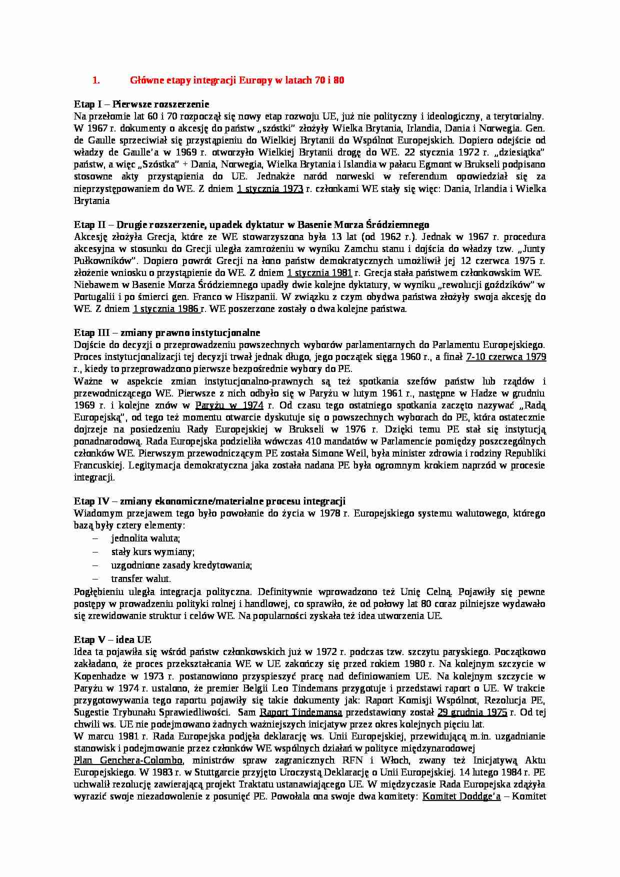  Główne etapy integracji Europy w latach 70 i 80 - strona 1