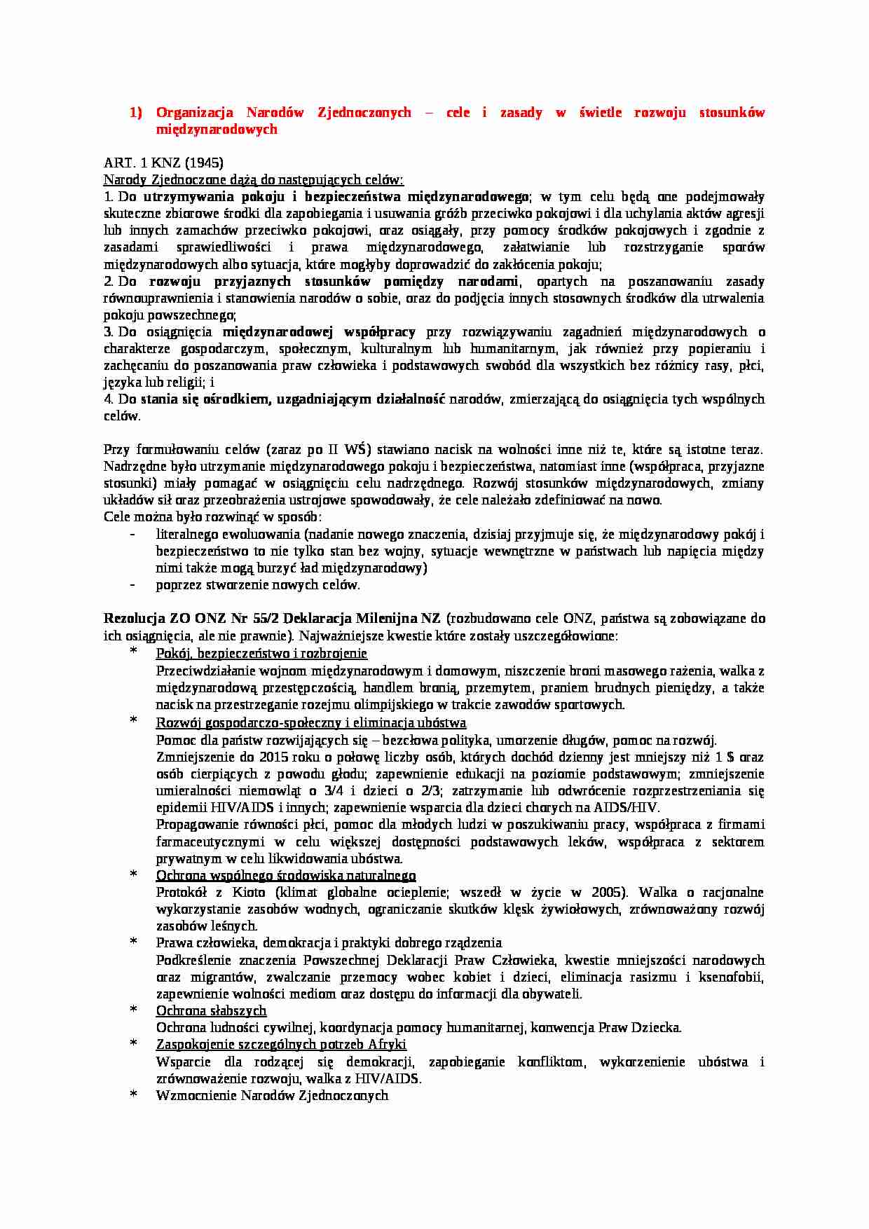 Organizacja Narodów Zjednoczonych - cele i zasady w świetle stosunków międzynarodowych - strona 1