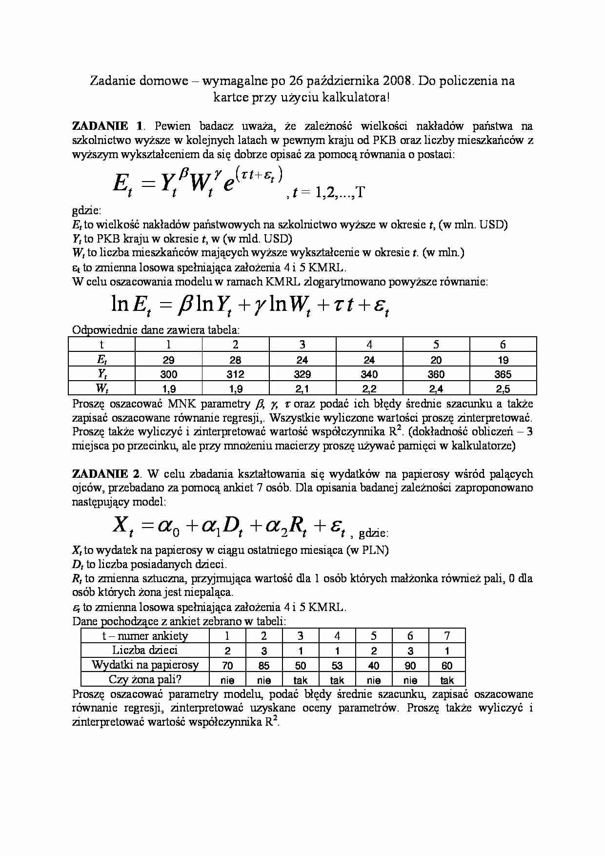 Ekonometria-zadania - oszacowanie modelu w ramach KMRL - strona 1