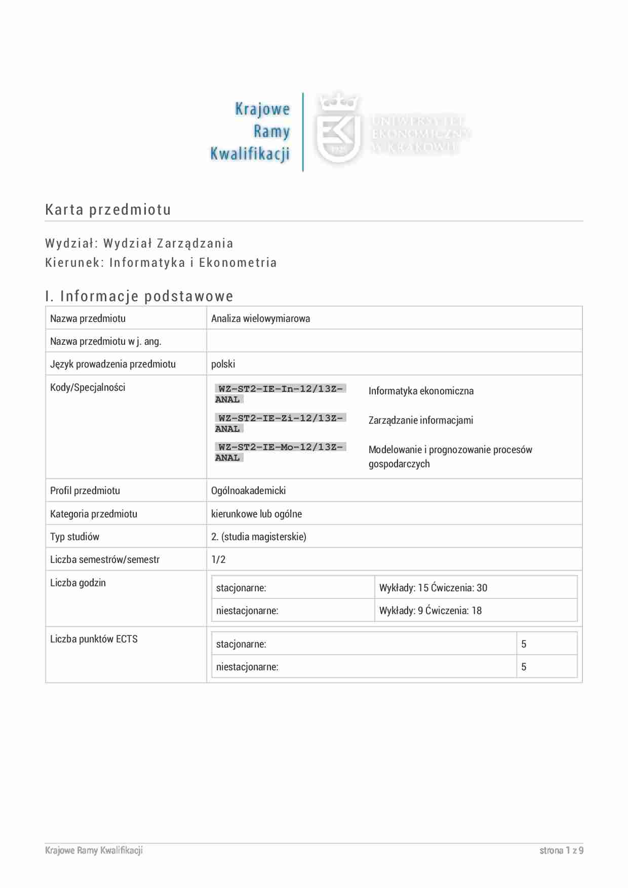 Analiza Wielowymiaroiwa-informacje podstawowe - strona 1