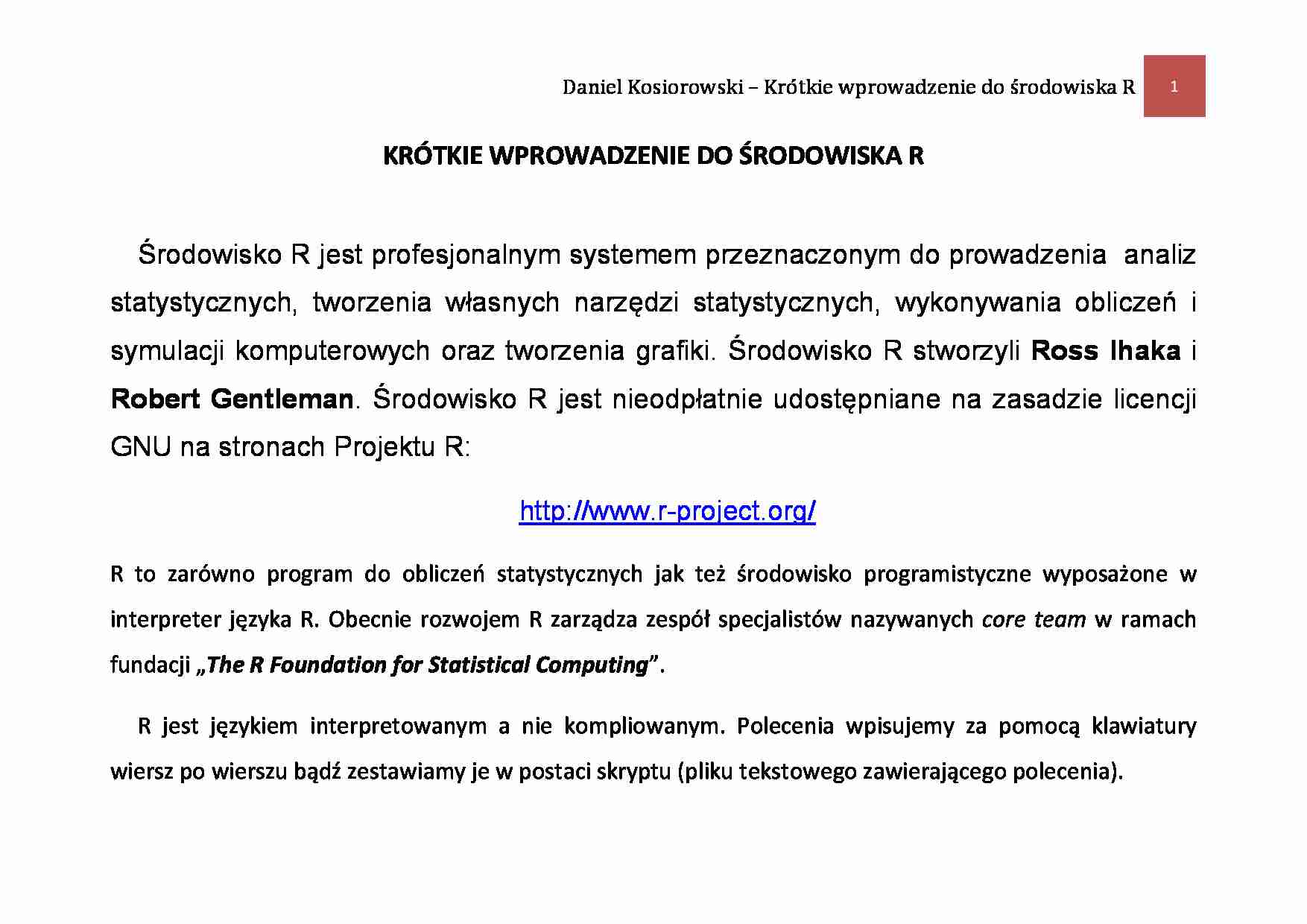 Krótkie wprowadzenie do środowiska R  - strona 1