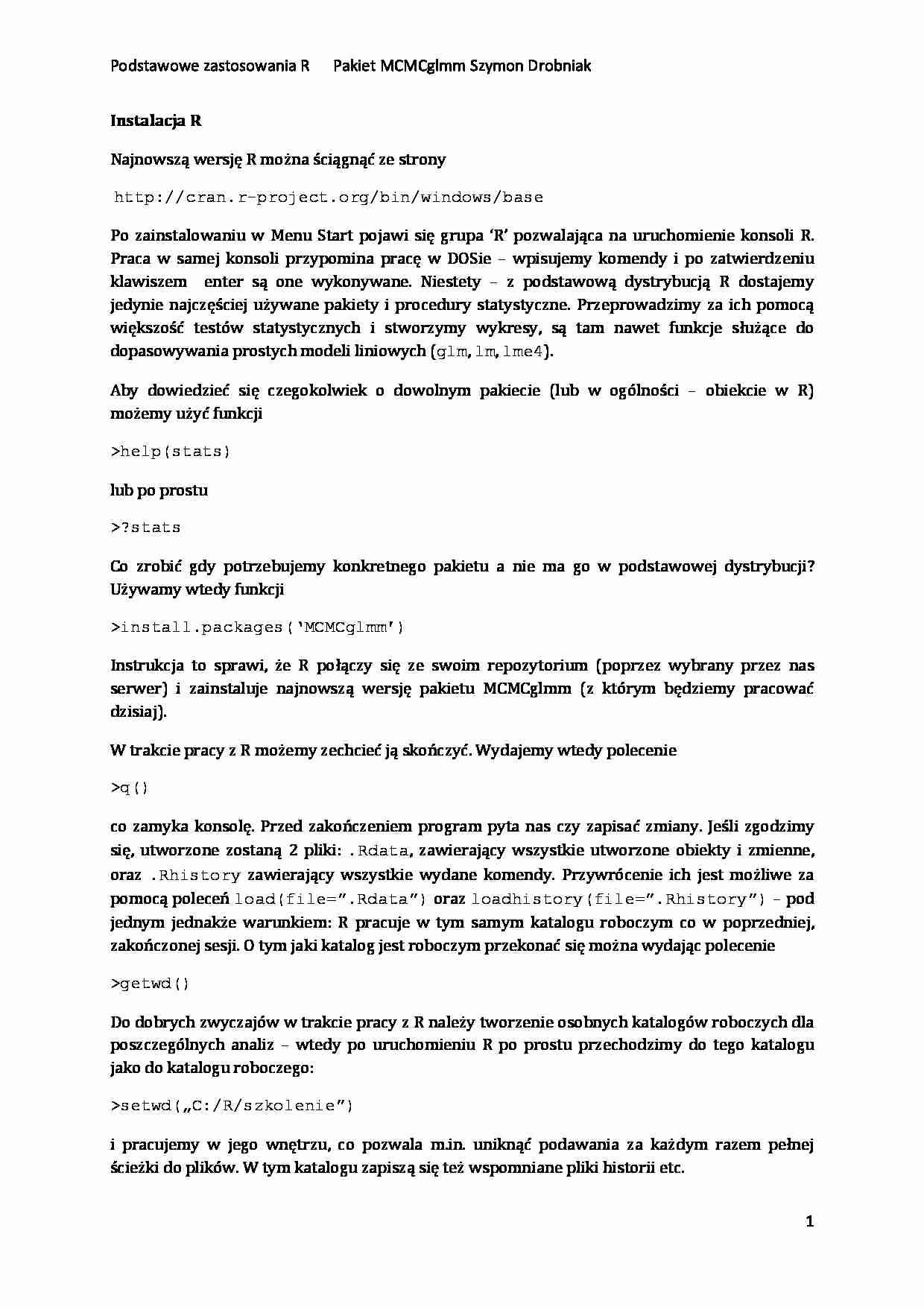 Podstawowe zastosowania R  - strona 1