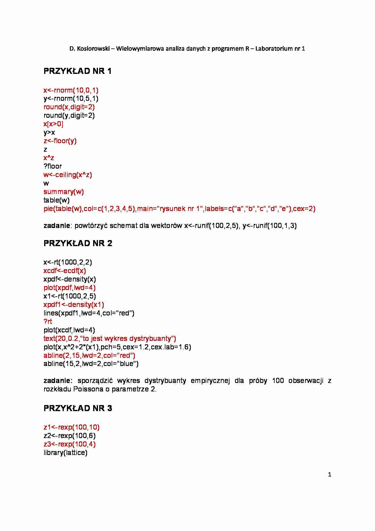 Wielowymiarowa analiza danych z programem R – Laboratorium nr 1 - strona 1