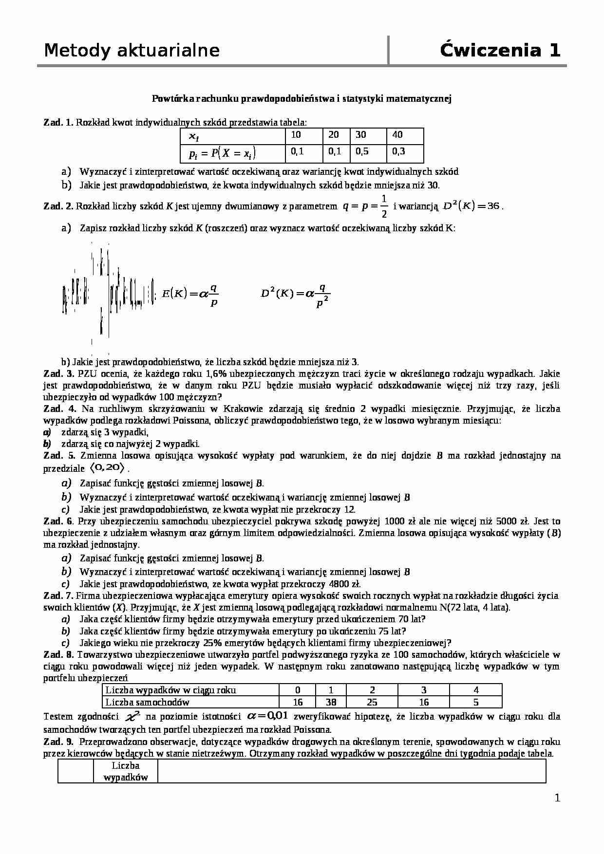 Metody aktuarialne-ćwiczenia 1 - strona 1